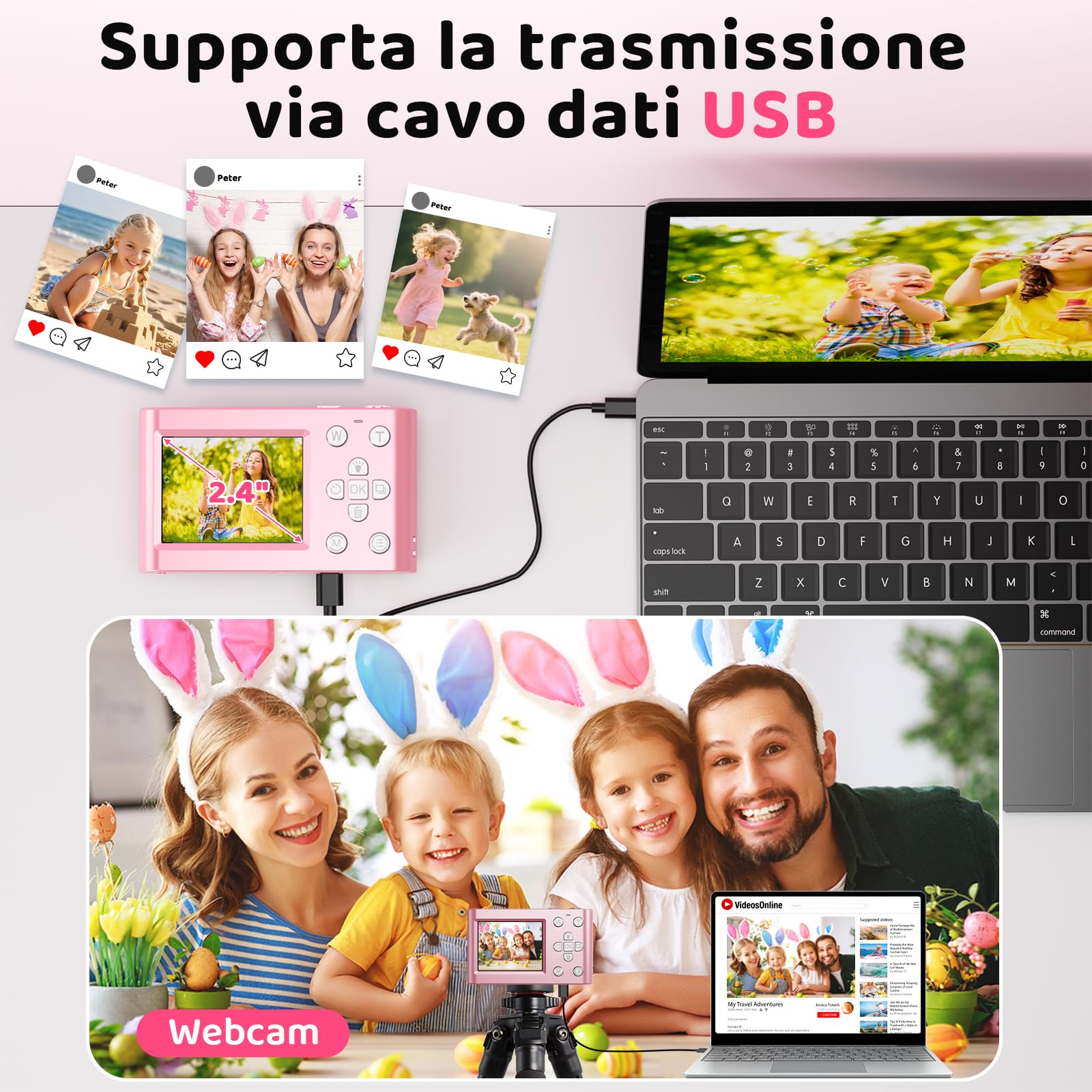 CHAKEYAKE Fotocamera Digitale, 4K 64MP Fotocamera con Zoom Digitale 18X, Schermo LCD Da 2,4", Autofocus, Scheda 32 GB, Filtri, Fotocamera Portatile per Bambini, Adolescenti, Vlogger Principianti, Rosa