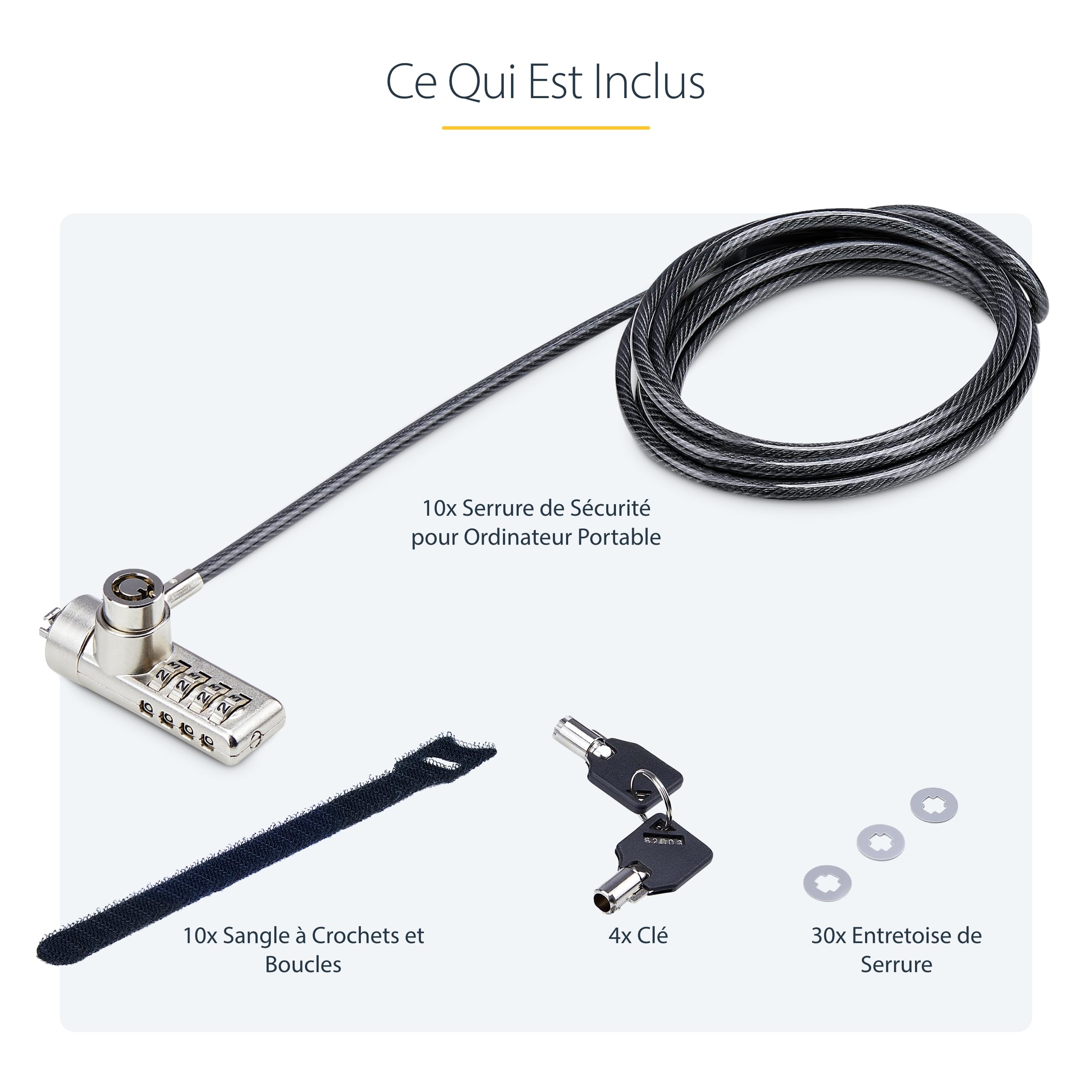 StarTech Antivol à Double Accès pour PC, 2m, K-Slot, Lot de 10 | Clé/combinaison, Clés identiques pour admin IT, Acier gainé vinyle anti-coupure, Testé à 200, 4kg