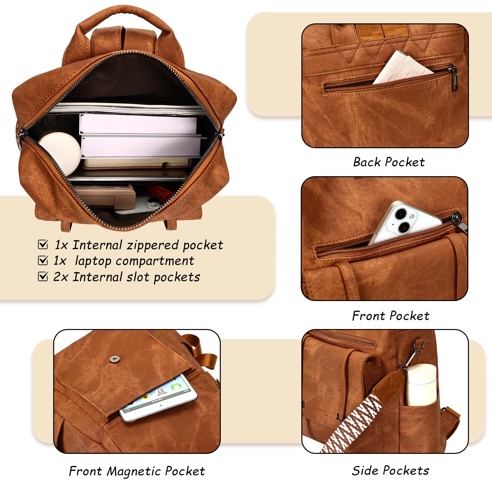Leathario Rucksakck Damen Wasserdicht,Veganes Leder Cityrucksack,Rucksackhandtasche Mittelgroß, Diebstahlsich Tagesrucksack für Büro,Pendeln,Arbeit,Leicht Elegant Backpack Women Groß für Reise,Braun