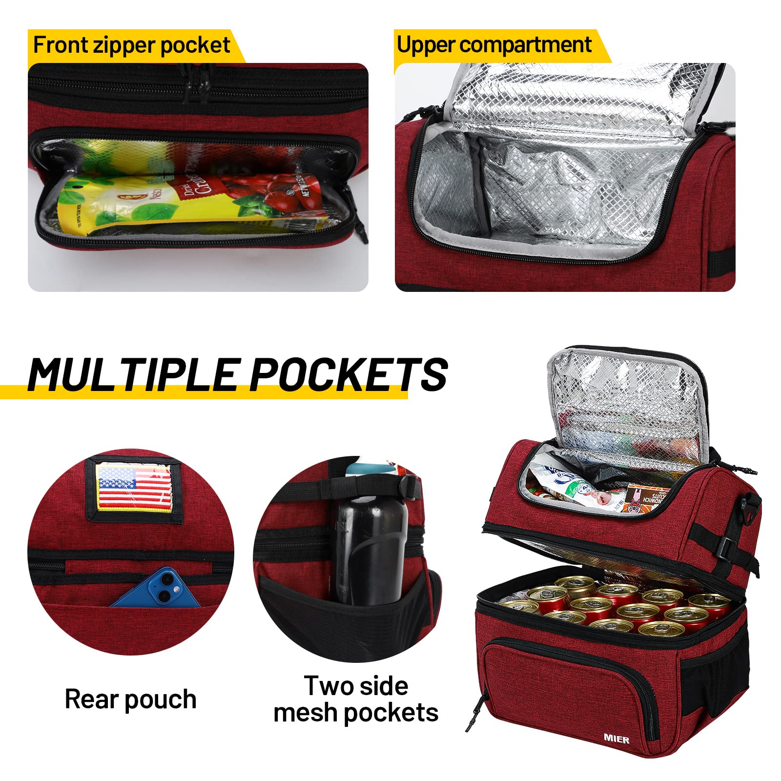 MIER Lunch Bag Men Double Deck Lunch Box Bag,Insulated Leakproof Cooler Bag Adult with Multiple Pockets for Work (Dark Red) - Image 4