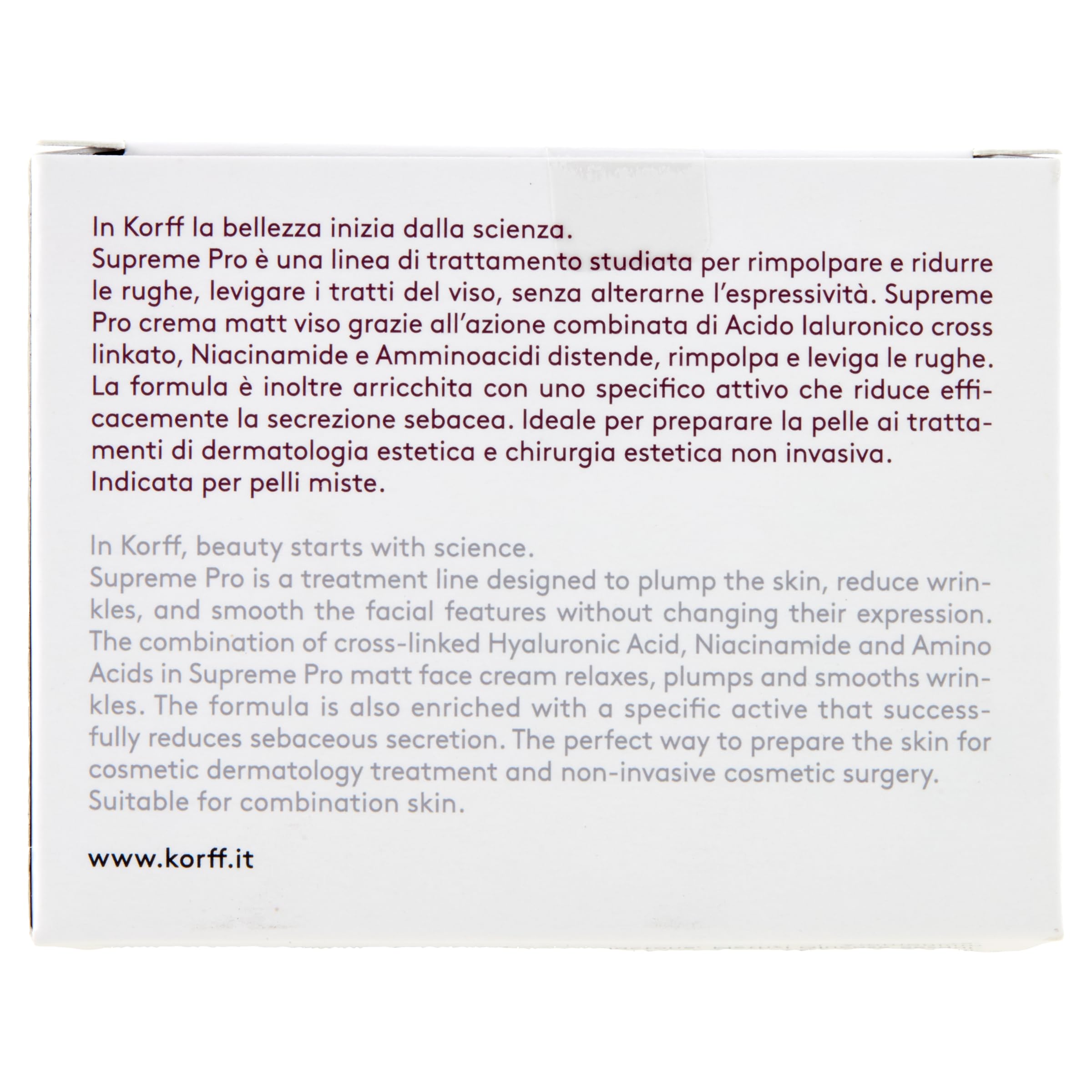Korff Supreme Pro Crema Viso Matt, Ristrutturante e Antirughe, con Acido Ialuronico, per Tutti i Tipi di Pelle, Confezione da 50 ml