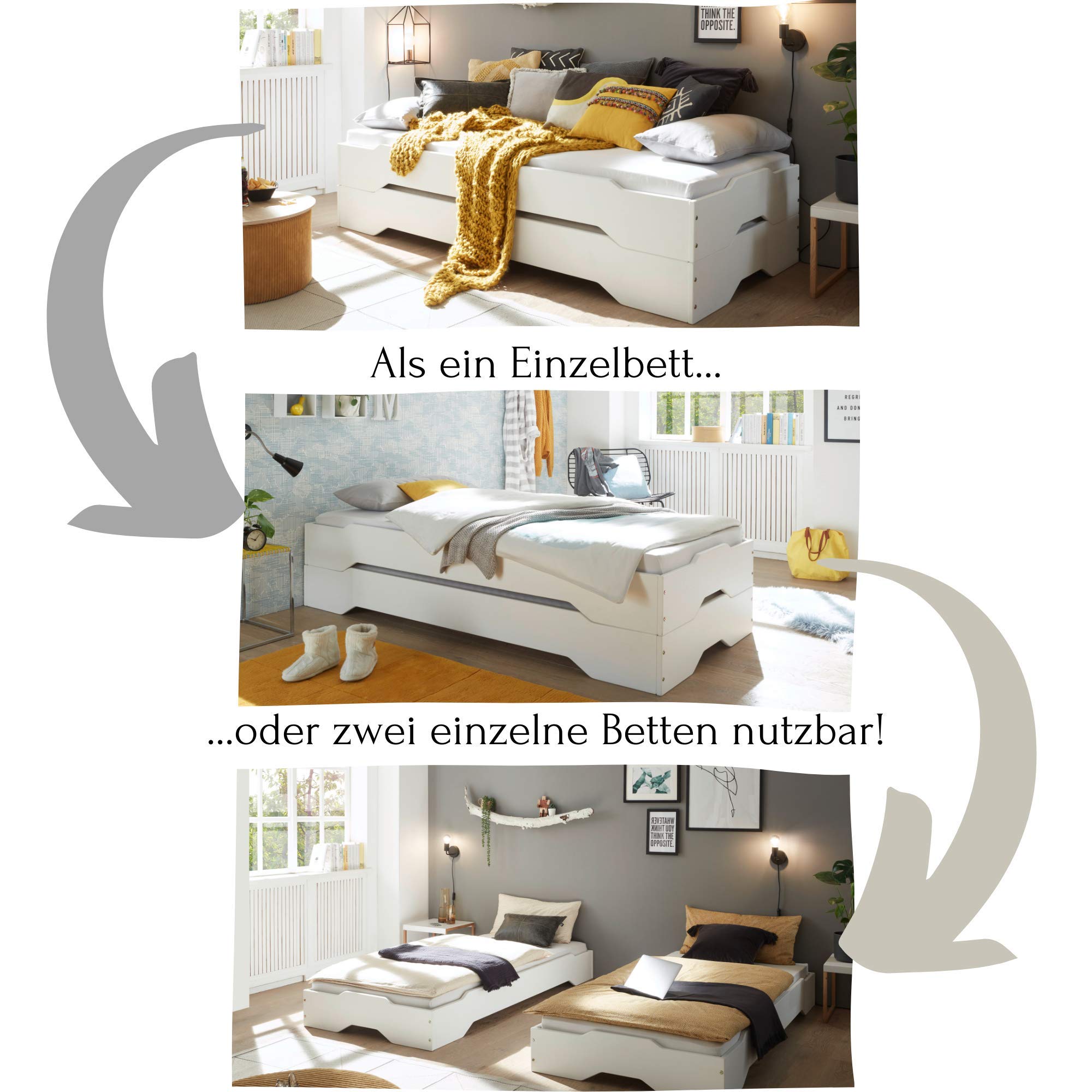Stella Trading DOUBLE Stilvolles Doppelbett mit zwei Liegeflächen 90 x 200 cm - Komfortables Stapelbett aus massiver Kiefer, Weiß - 96 x 47 x 205 cm (B/H/T)