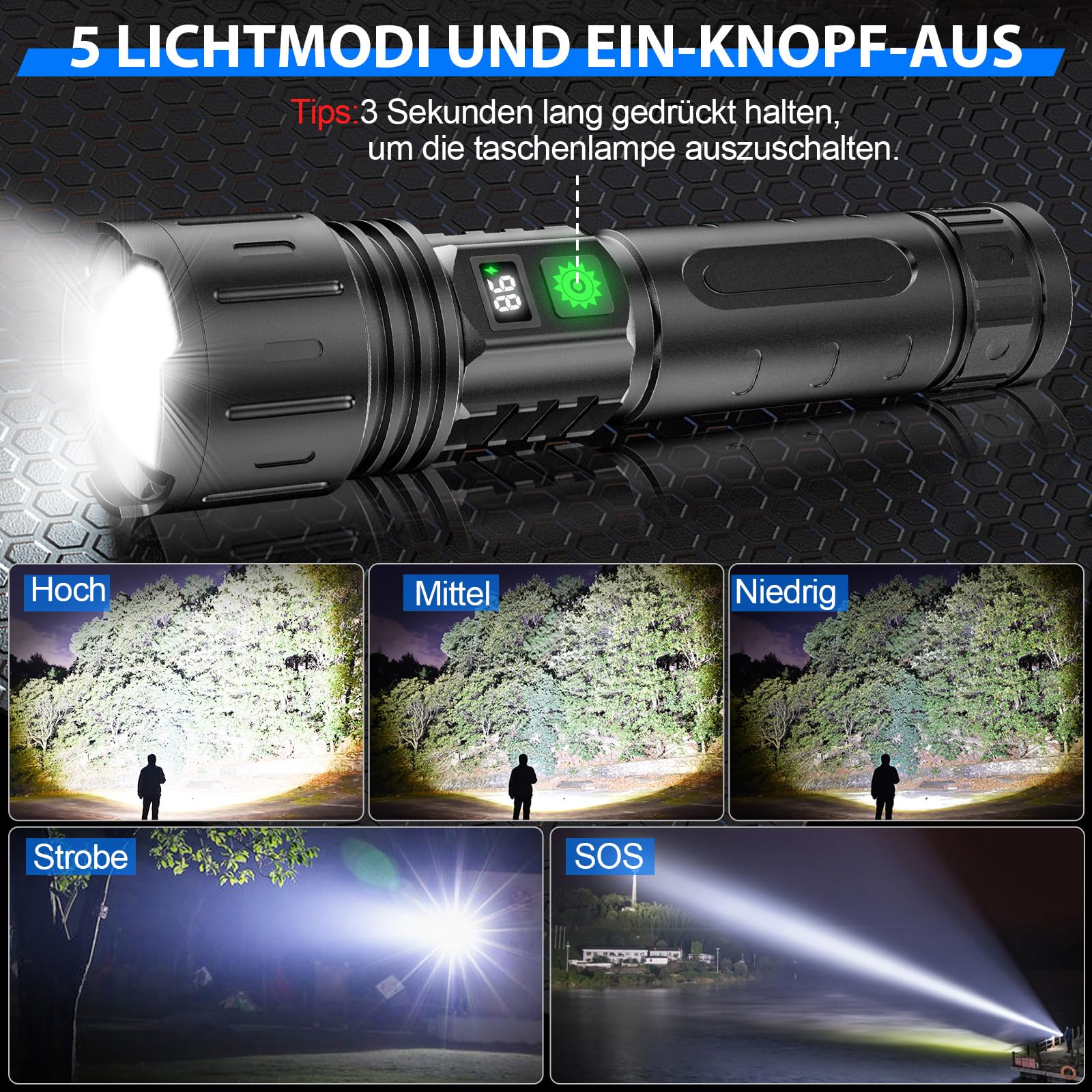 Led-Zaklamp oplaadbaar, 20000 lumen extreem helder tactische zaklamp, mini led zaklampn met 5 lichtmodi, 5000mAh, waterdichte, led zaklamp oplaadbare usb voor noodgevallen, camping (Zwart, 2