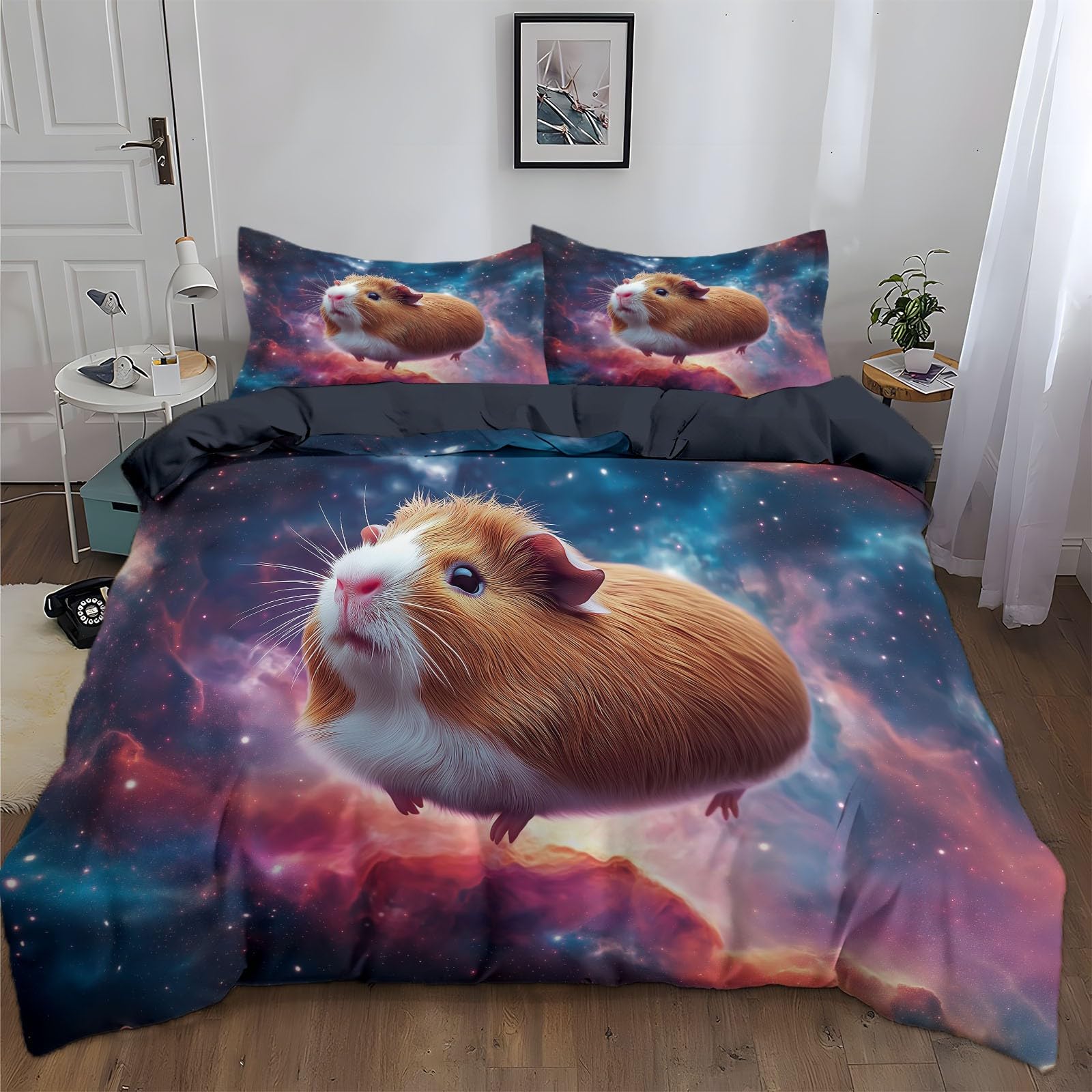 Duvet Cover King Size Starry Sky Animal Hamster Reversible 3 Pieces Duvet Cover Set, Bedding Set for All Season, Soft and Breathable Bedding Set with Zipper Closure