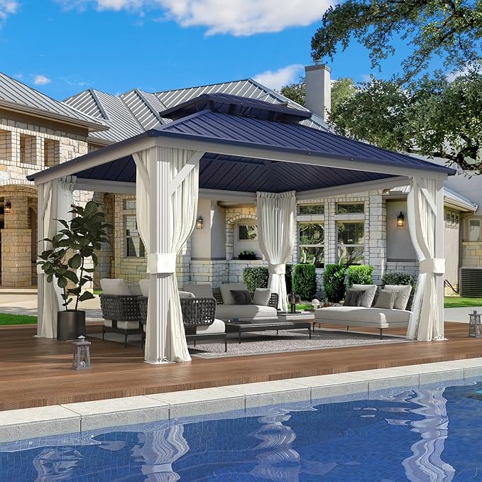 Amazon.com : EROMMY 12'x14' Gazebo Hardtop, Galvanized Steel Double Roof Metal Gazebo with ...