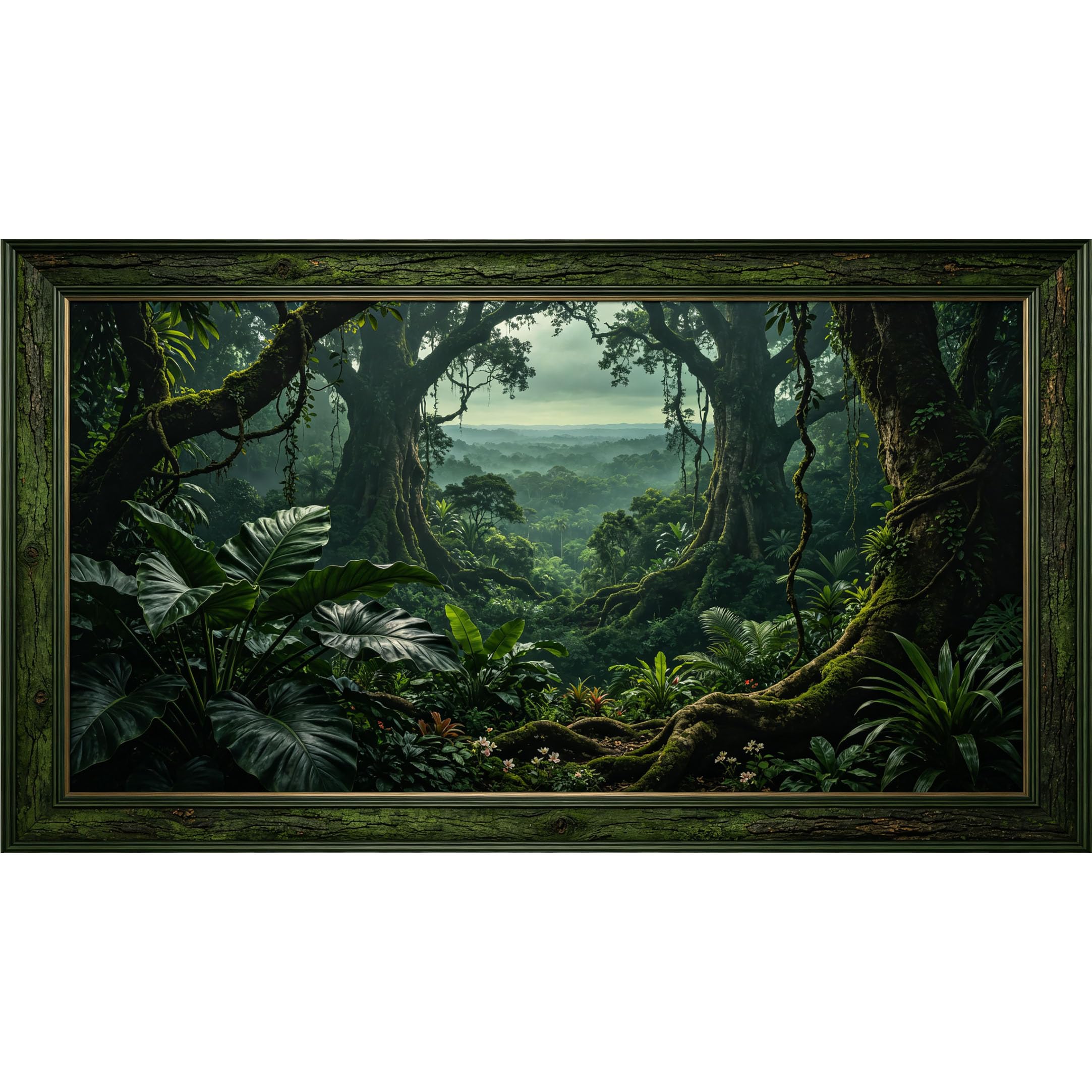 QZLITHOTIC 50x90cm3D Framed Wall Art， Tropical Jungle Landscape Self‑Adhesive Mural， Water‑Activated Peel & Stick Fabric Decor Wall Decal for Bedroom Living Room