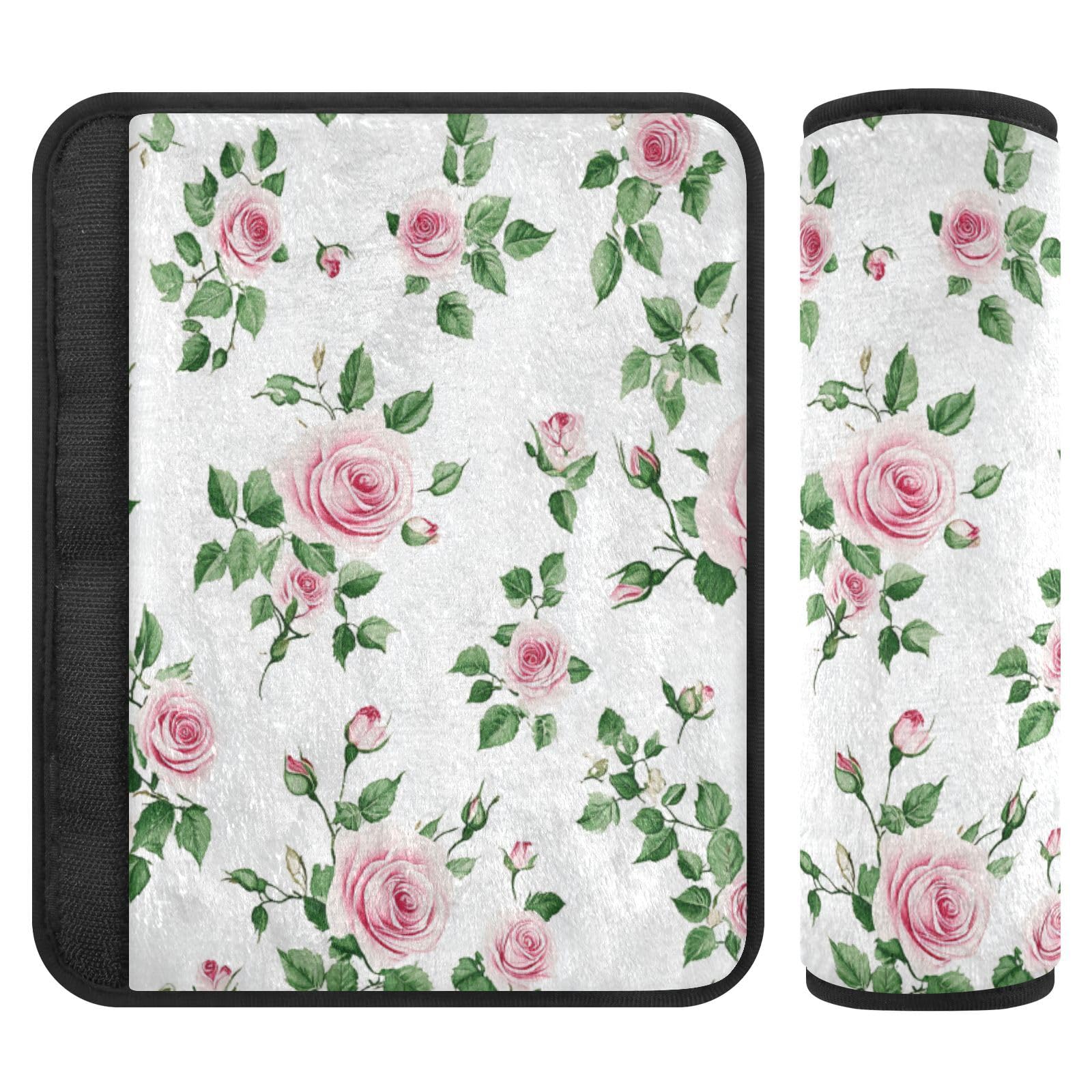 Seat Belt Covers 2 Pack Pink Roses Car Seat Strap Covers Super Soft Green Leaves Car Seat Neck Cover for Boys Girls Adults Babies S
