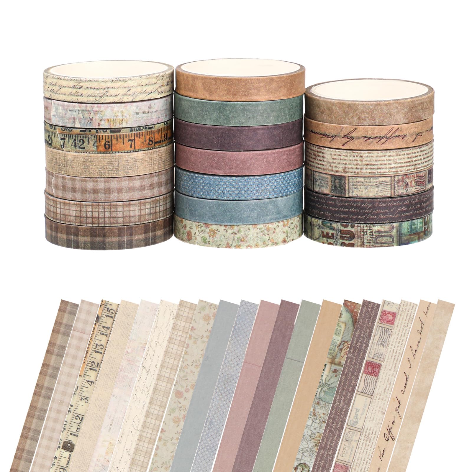 Abeillo 20 Rolls Vintage Washi Tape, 9.8ft Long/Roll Neutral Washi Tapes Set, Kraft Color Adhesive Masking Tape for Scrapbooking Supplies, Planners, DIY Crafts and Gift Wrapping