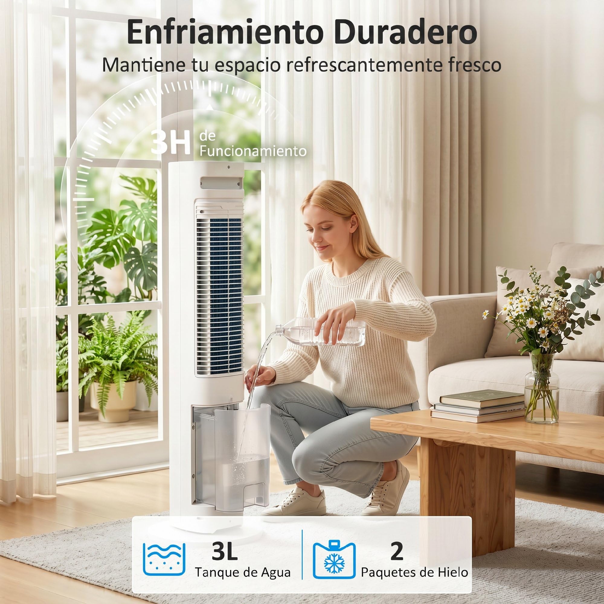 HOMCOM Climatizador Evaporativo de Torre 3 en 1, Enfriador de Aire Portátil con Depósito de 3 L, Oscilación 48°, 3 Velocidades, 3 Modos, Temporizador 12h y Mando a Distancia, 2 Acumuladores de Frío
