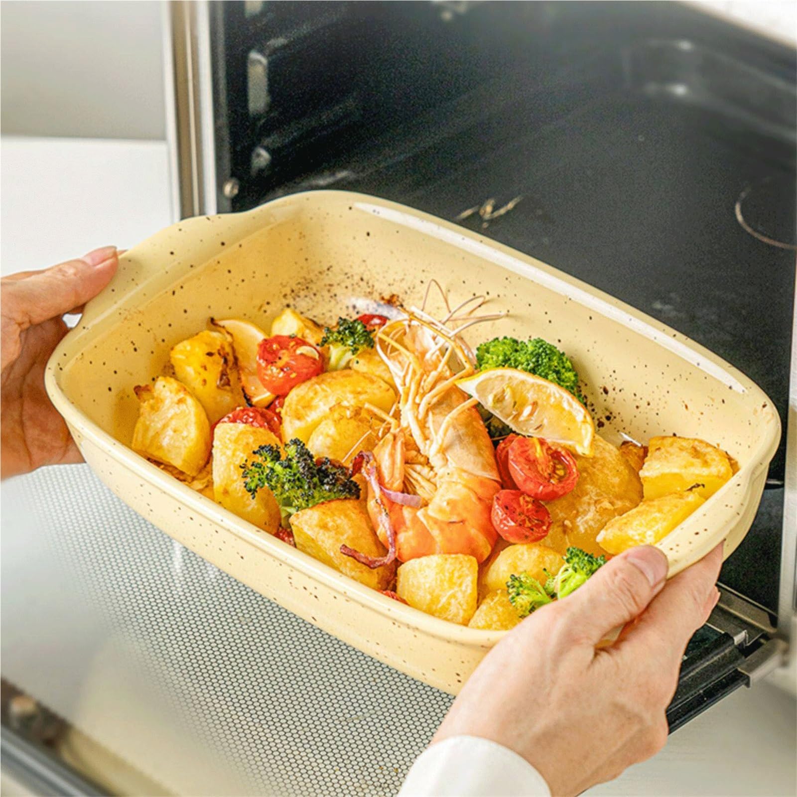Plat Four Rectangular Ceramic Double Handled Heat Baking Dish Plat Gratin(Grigio,Moyen)