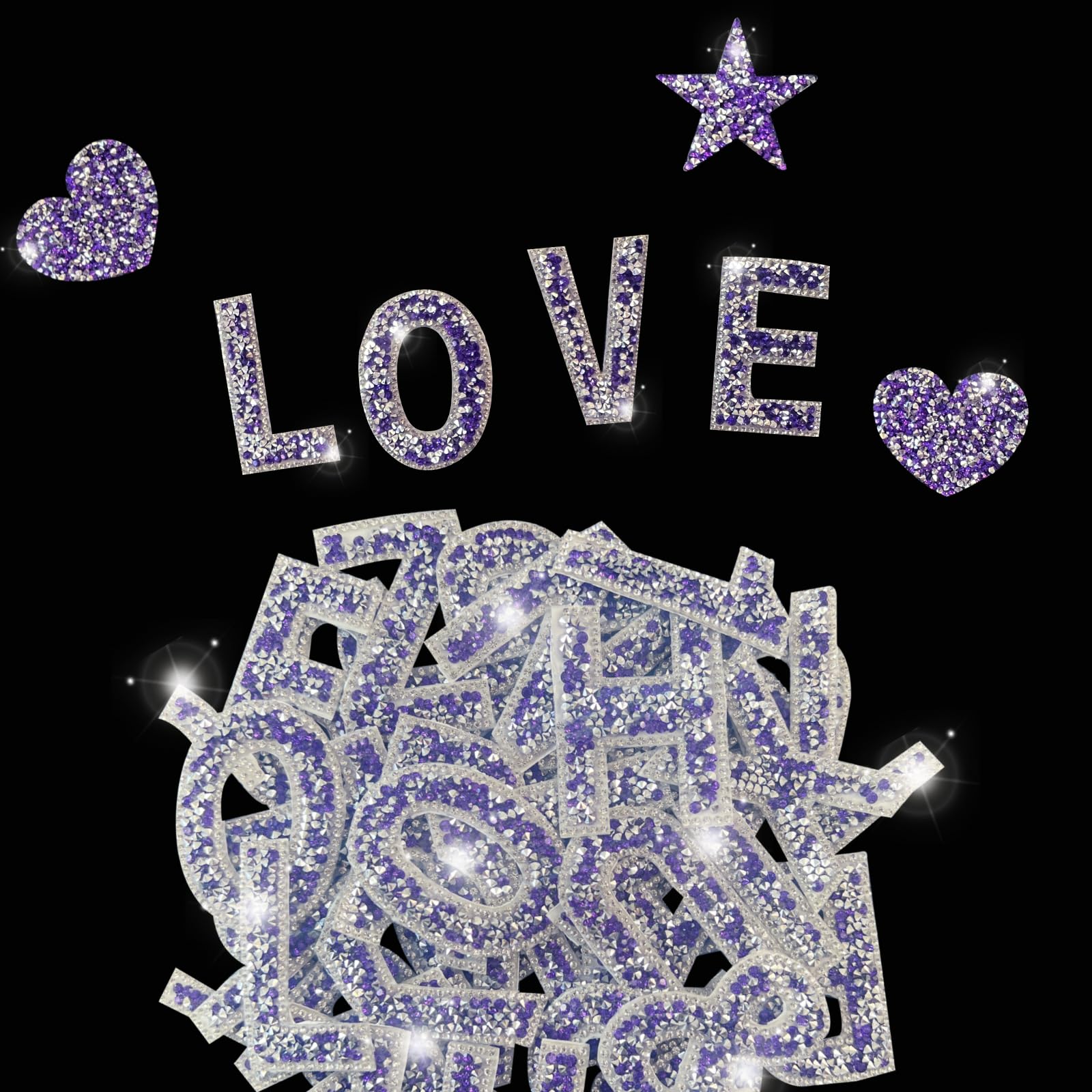 47 Pieces Rhinestone Letter Stickers Large,26 Self Adhesive Alphabet Stickers,10 Number Crystal Glitter Stickers,Heart Stickers for Clothing Jeans Caps Shoes Bags DIY Decorations (Purple)