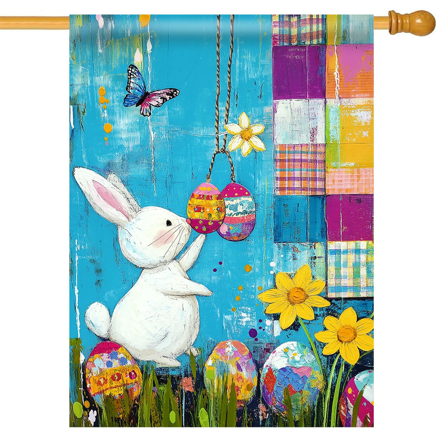 Morigins Happy Easter Bunny Garden Flag Double Sided Welcome Spring Cute Rabbits Watercolor Flowers Butterflies Colorful Eggs Holiday Outdoor Decro House Flag 28×40 inch