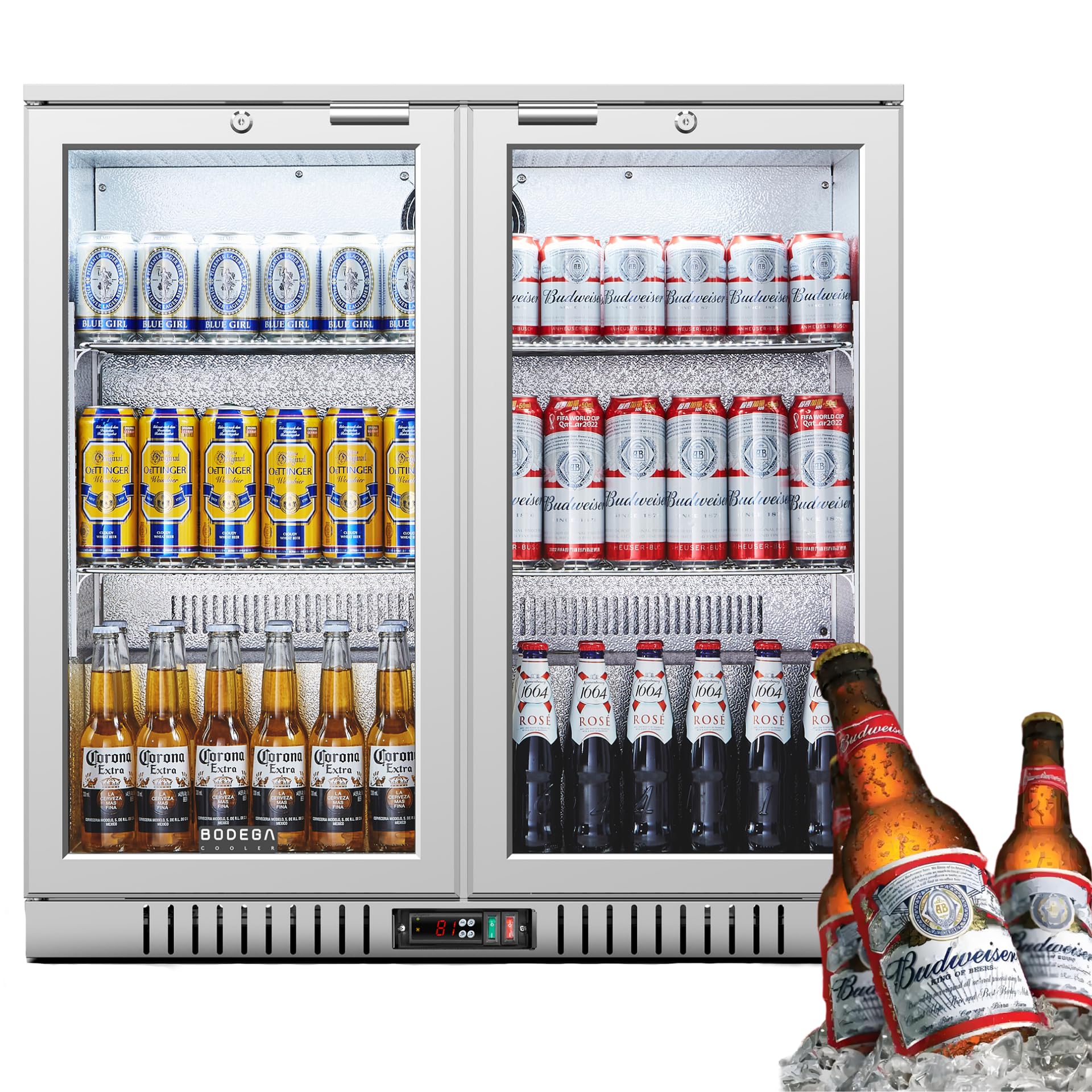 BODEGACOOLER Back Bar Cooler With 2 Glass Doors,7.4 Cu.Ft Stainless Steel Commercial Back Bar Fridgewith LED Lighting,Counter Height Bar Beverage Cooler for Beer,Soda Drinks,Wine