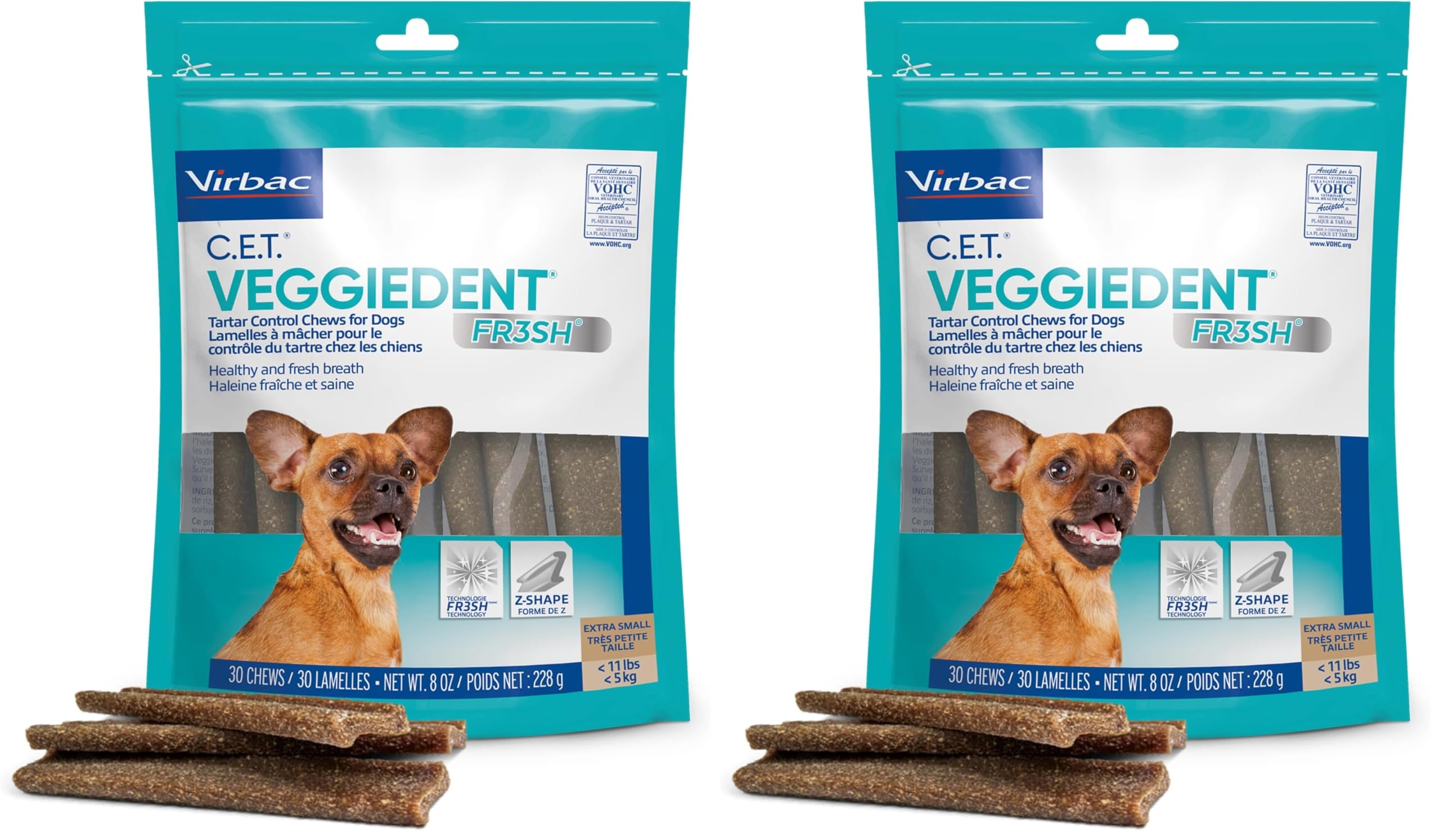 Virbac C.E.T. VEGGIEDENT FR3SH Tartar Control Chews for Dogs, Extra Small, 8 oz, (Pack of 2)