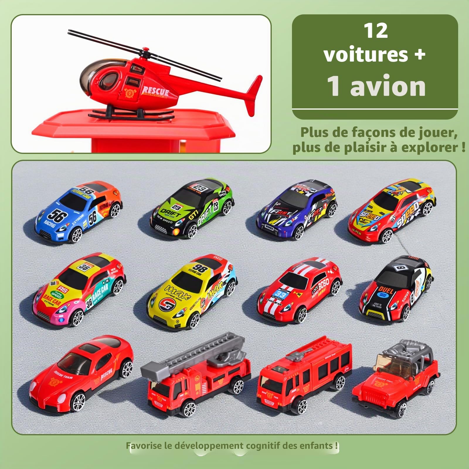 Kit de jeu de parking à 5 étages pour enfants de 3 ans avec ascenseur de stationnement inclus, grand parking jouet avec 12 voitures et 1 avion, comme cadeau pour les enfants à partir de trois ans