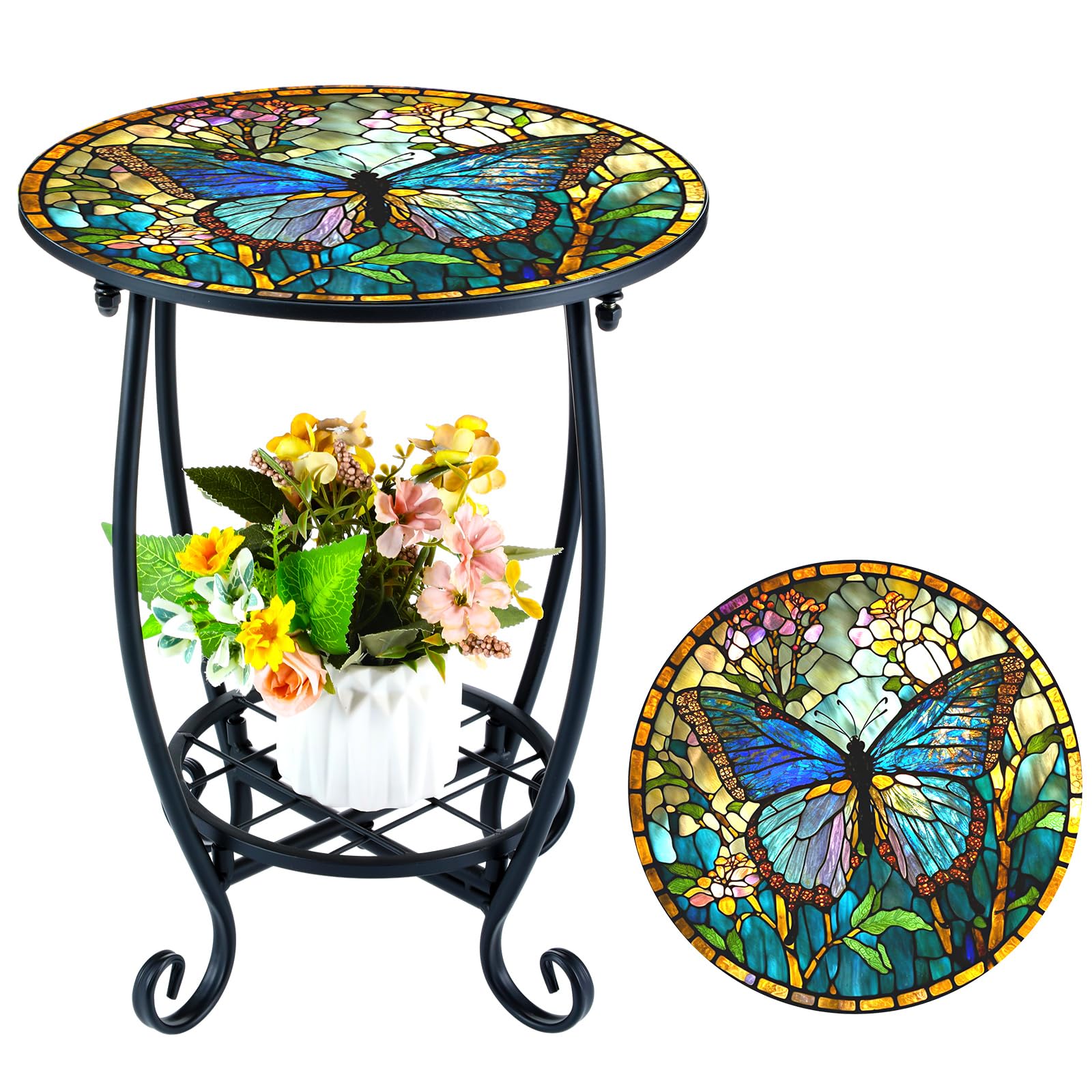 Cinnvoice Outdoor Side Table Round Small Mosaic Patio Accent Indoor End Plant Coffee Tea Table for Yard Patio Porch Garden Living Room, Bedroom(