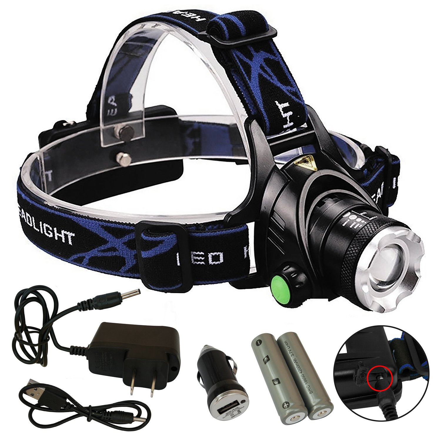 LED Cree Headlamp - 1200 Lumens Bright, Rechargeable, Water-Resistant Headlight Plus USB Cable & Charger - Zoomable, 3 Light Modes - Hands-Free Running, Hiking, Camping, & Biking