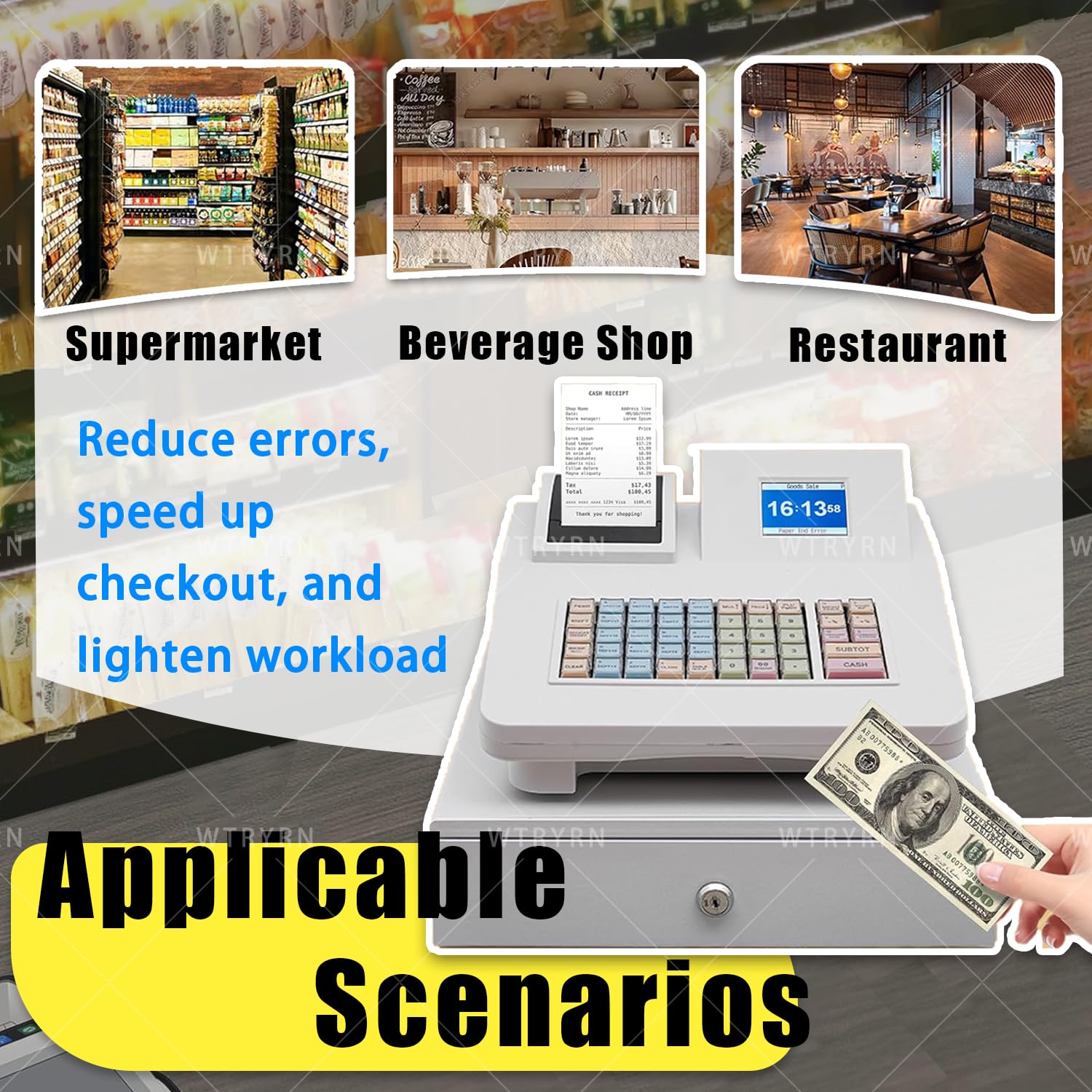 Caja registradora térmica electrónica TPV, 60 000 Registros de transacciones, 8 métodos de Pago, Teclado programable para comercios y restauración. Black