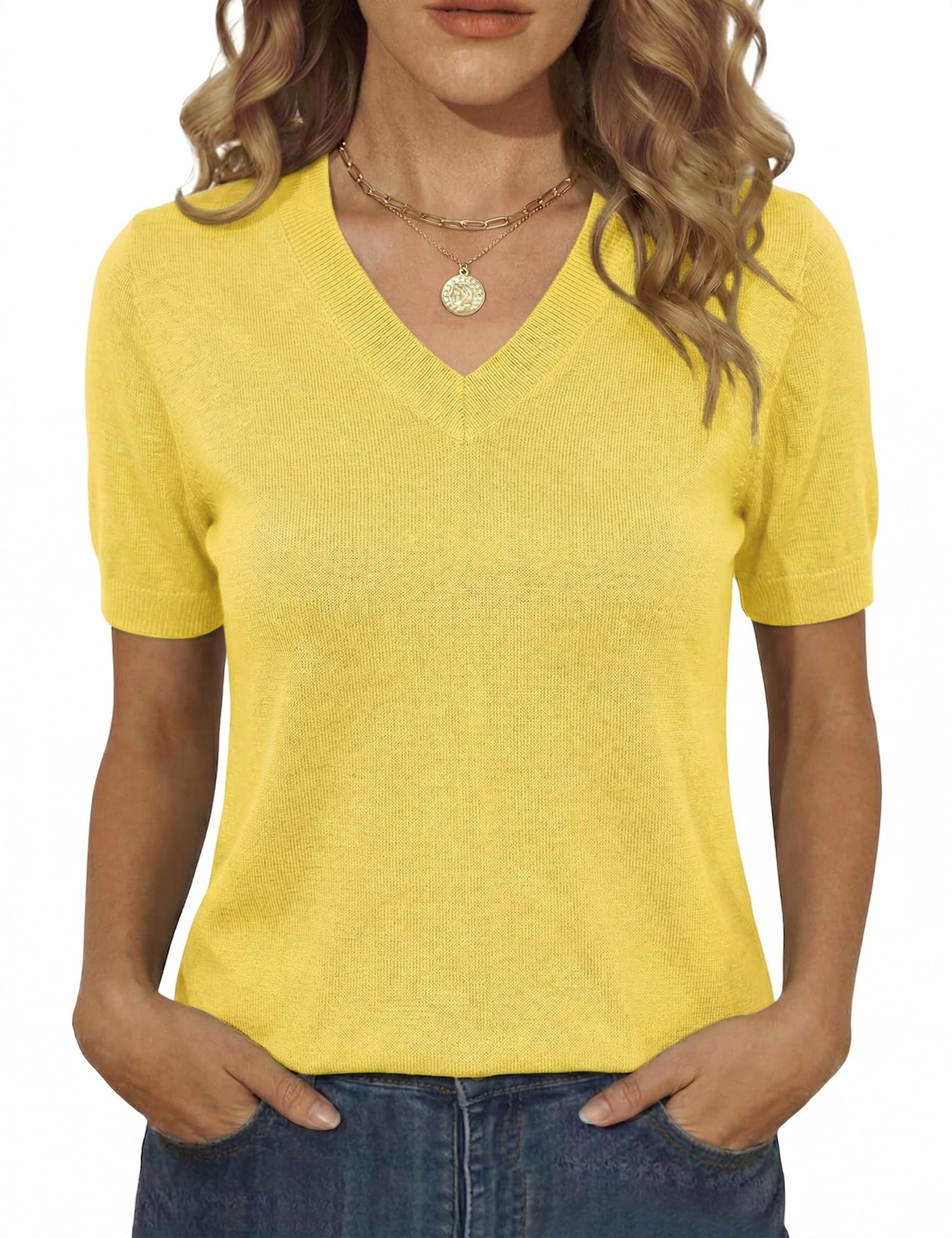 Totatuit Pullover Damen Kurzarm V Ausschnitt Winter Leicht Pulli Unterziehshirt Wolle Blended Strickpullover Damen Geeignet zum Alleintragen im Frühling und Sommer