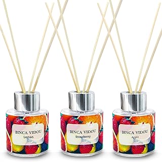 binca vidou Reed Diffuser 50ml Pack of 3 - Lemon Apple Strawberry Scented Oil Reed Diffuser Set with 12 Sticks - 50 Days Lasting & Strong Aroma - Home Fragrance Diffuser for Bedroom Bathroom Office