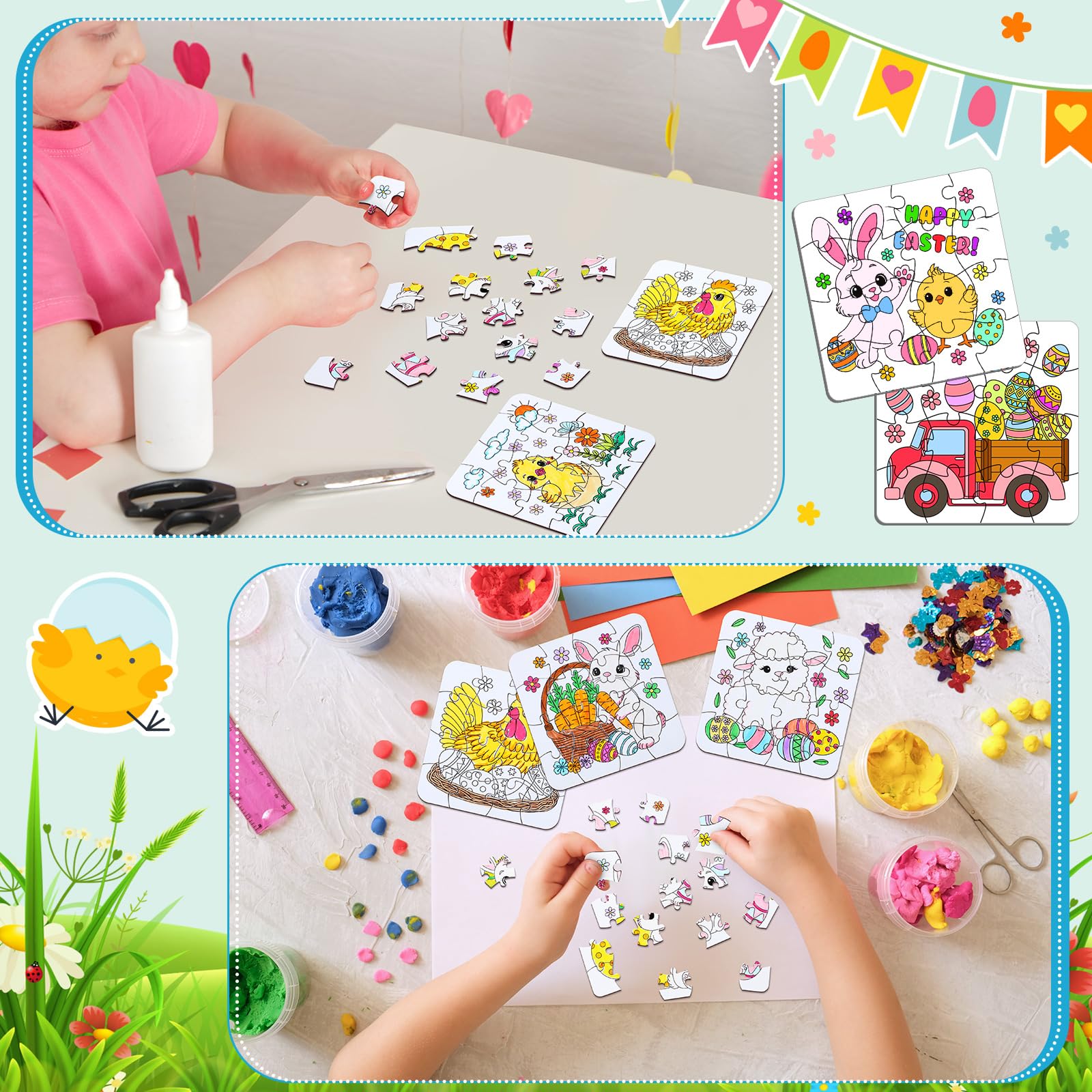 Realspring 24 Pack Color Your Own Jigsaw Puzzles for Kids Coloring Puzzles DIY Paper Jigsaw Bulk Party Favors Gifts Exchange Classroom Activities Home Educational Game Toy (Bunny)