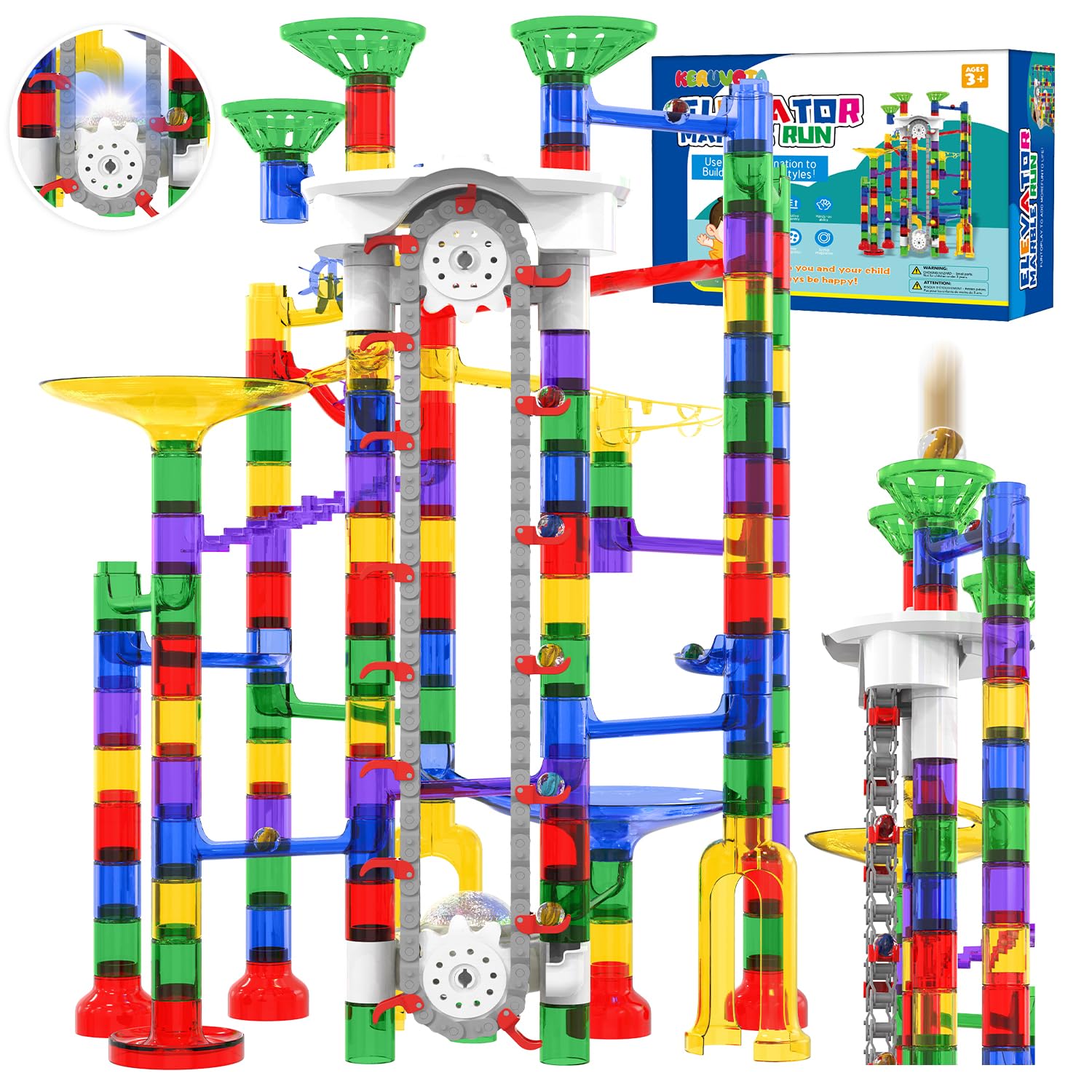 KERUVOTA Big Motorized Marble Run - Construction Building Blocks Toys 220Pcs Marble Race Track with Elevator,Educational STEM Game Christmas Birthday
