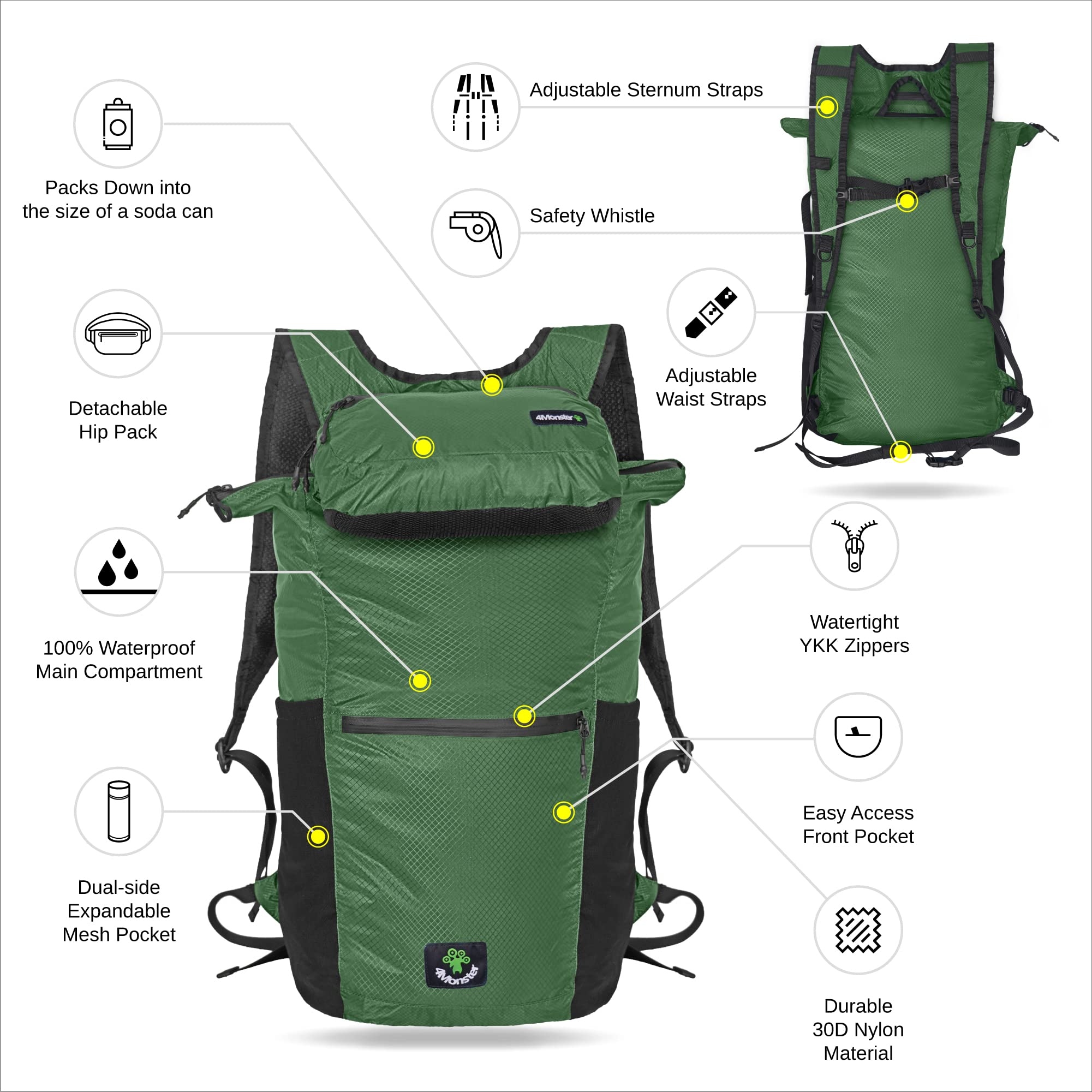 4Monster Zaino da escursionismo, 2 in 1, impermeabile, leggero, portatile, per viaggi, campeggio all'aperto, Verde militare, 32L, Zaini Daypack