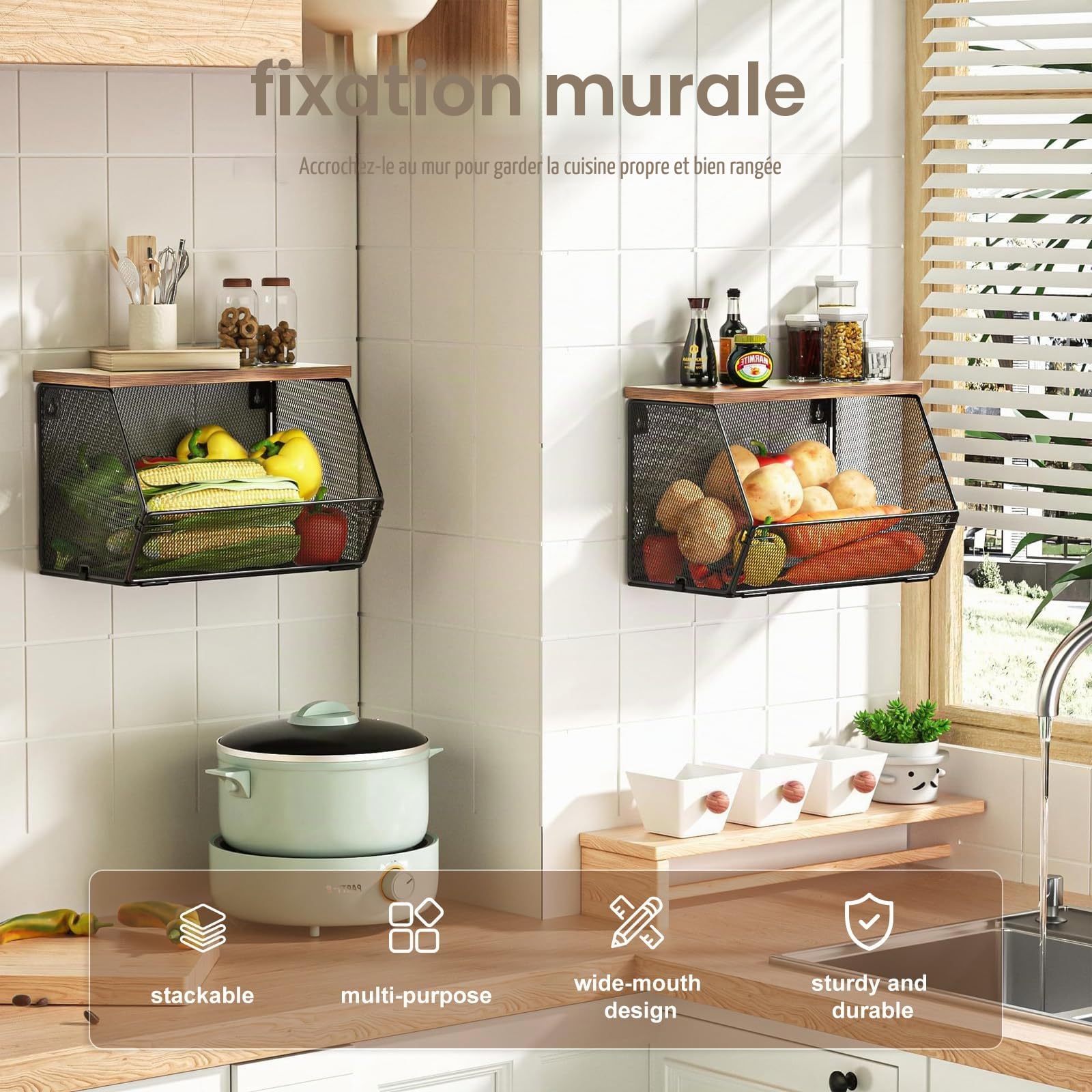 Panier Fruits, 2 Etages Panier a Fruit Etagere de Murale Cuisine | Empilable Rangement Legumes, avec Un Couvercle en Bois et Crochets pour Fruit Basket pour Rangement Fruits et Légumes