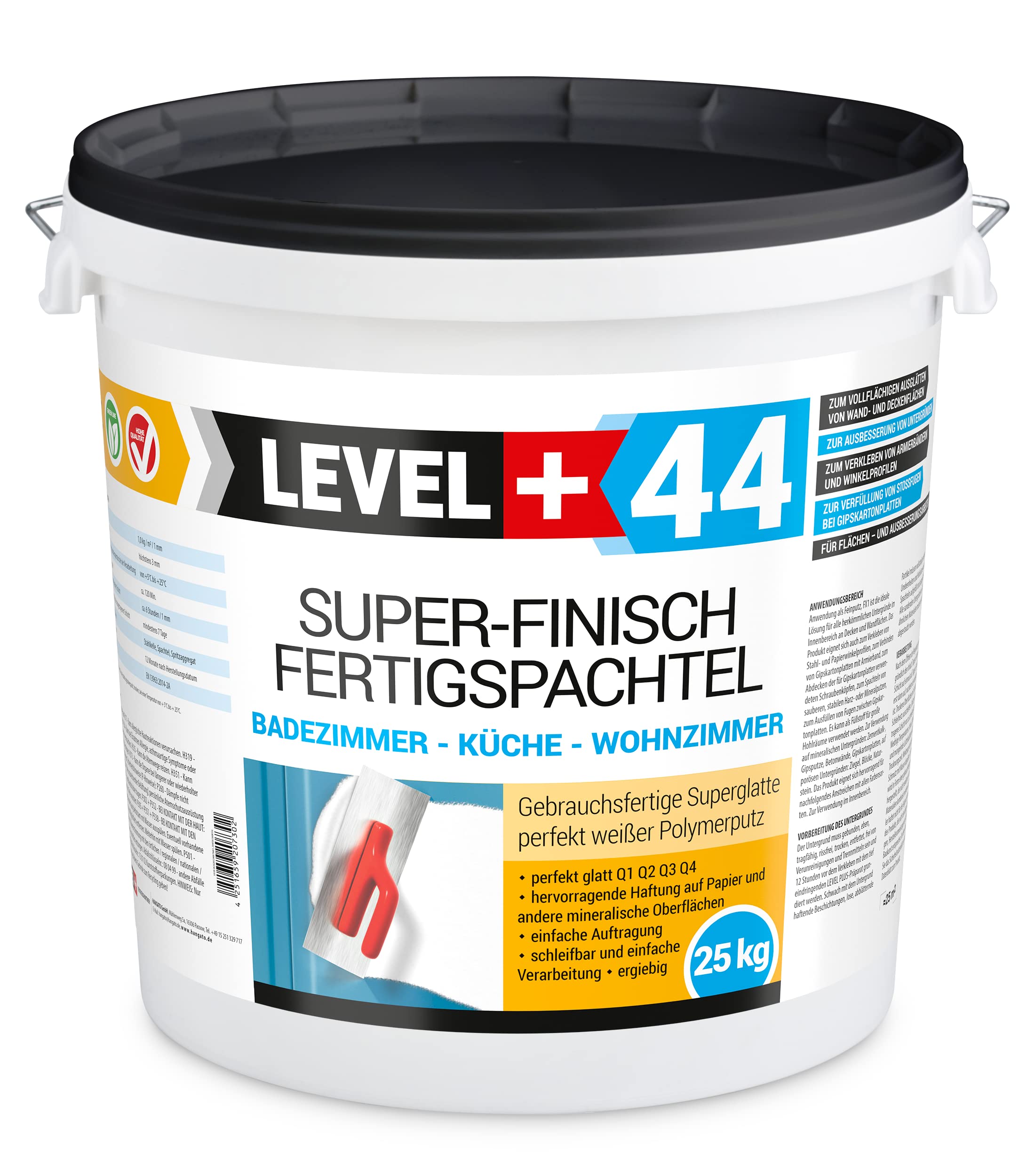 Super Finish Fertigspachtel Q1-Q4 Spachtelmasse 100kg Perfekt Glatt Weiß | Innenbereich + Eimerschaber Eimerschaufel EdelstahlSet RM44/5-210