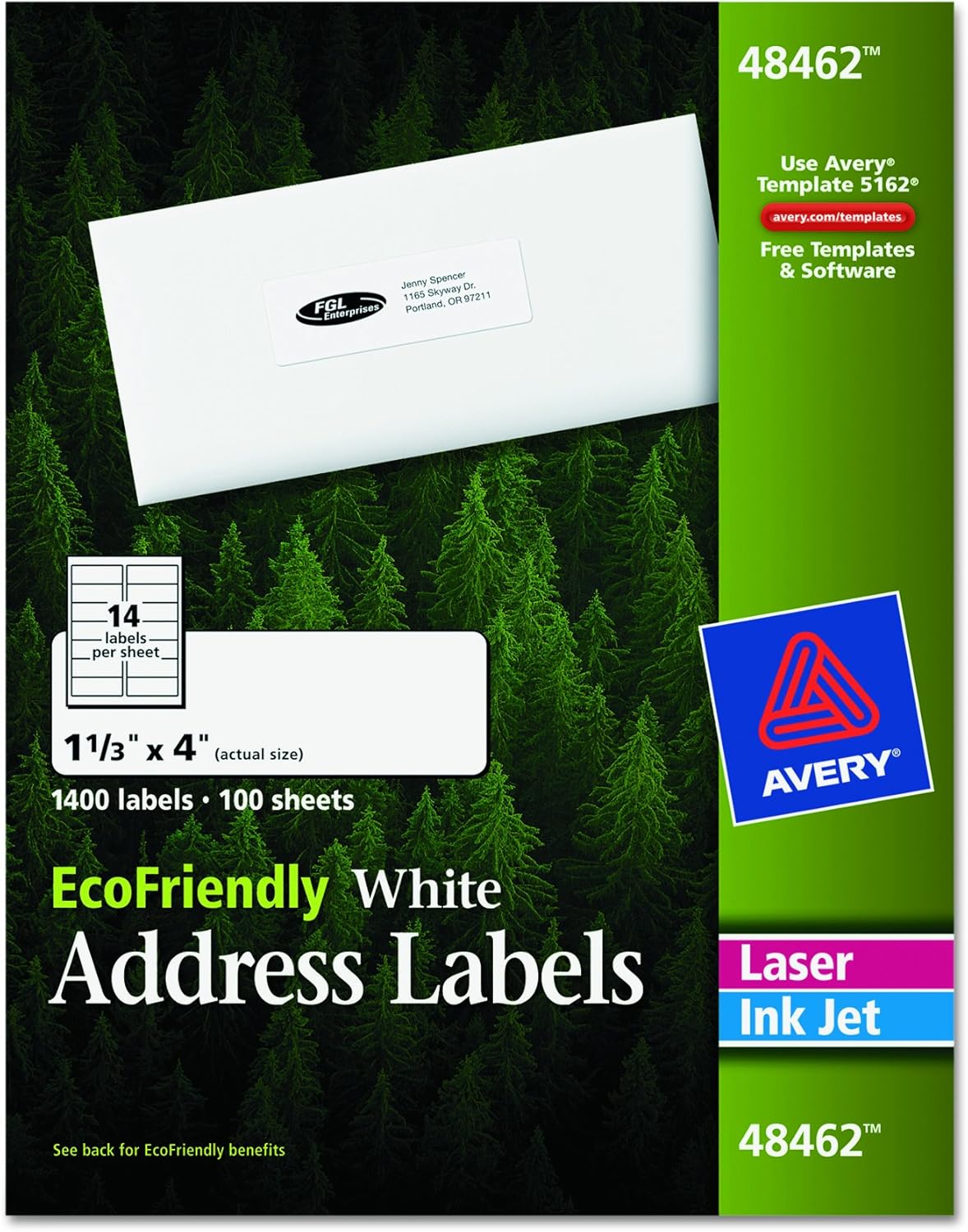 Avery EcoFriendly Address Labels, 1.33 x 4 Inches, White, Box of 1400 (48462)