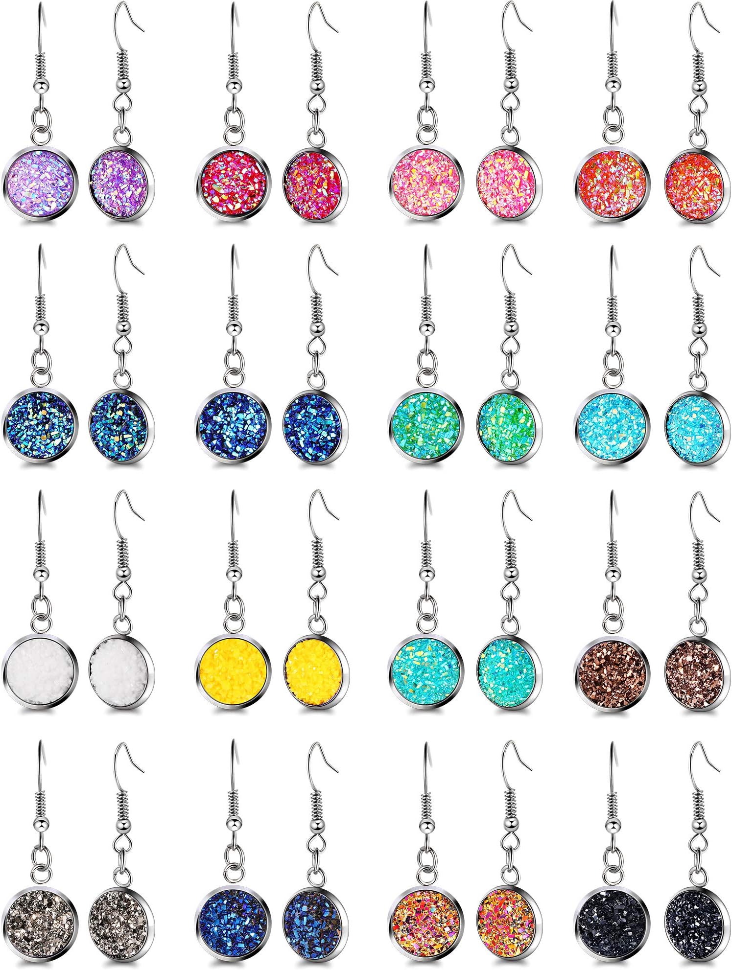 16 Pairs Bulk Faux Druzy Dangle Earrings for Women Colorful Resin Drop Earrings for Girls Jewelry Wholesale(12 mm)