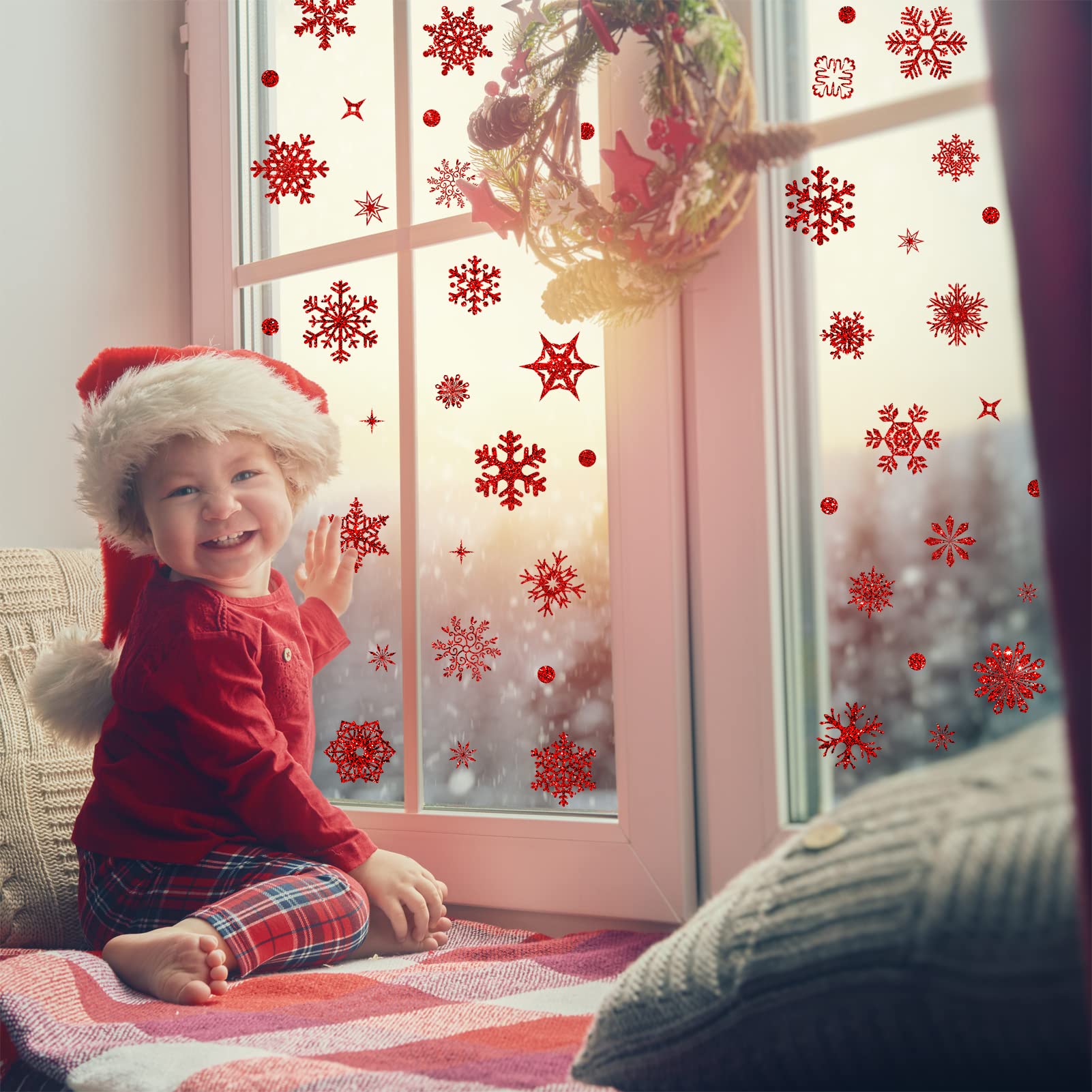 Fassory Red 93 Pcs Glittering Snowflake Window Stickers, Reusable Christmas Static Cling Window Stickers Decals (Red)