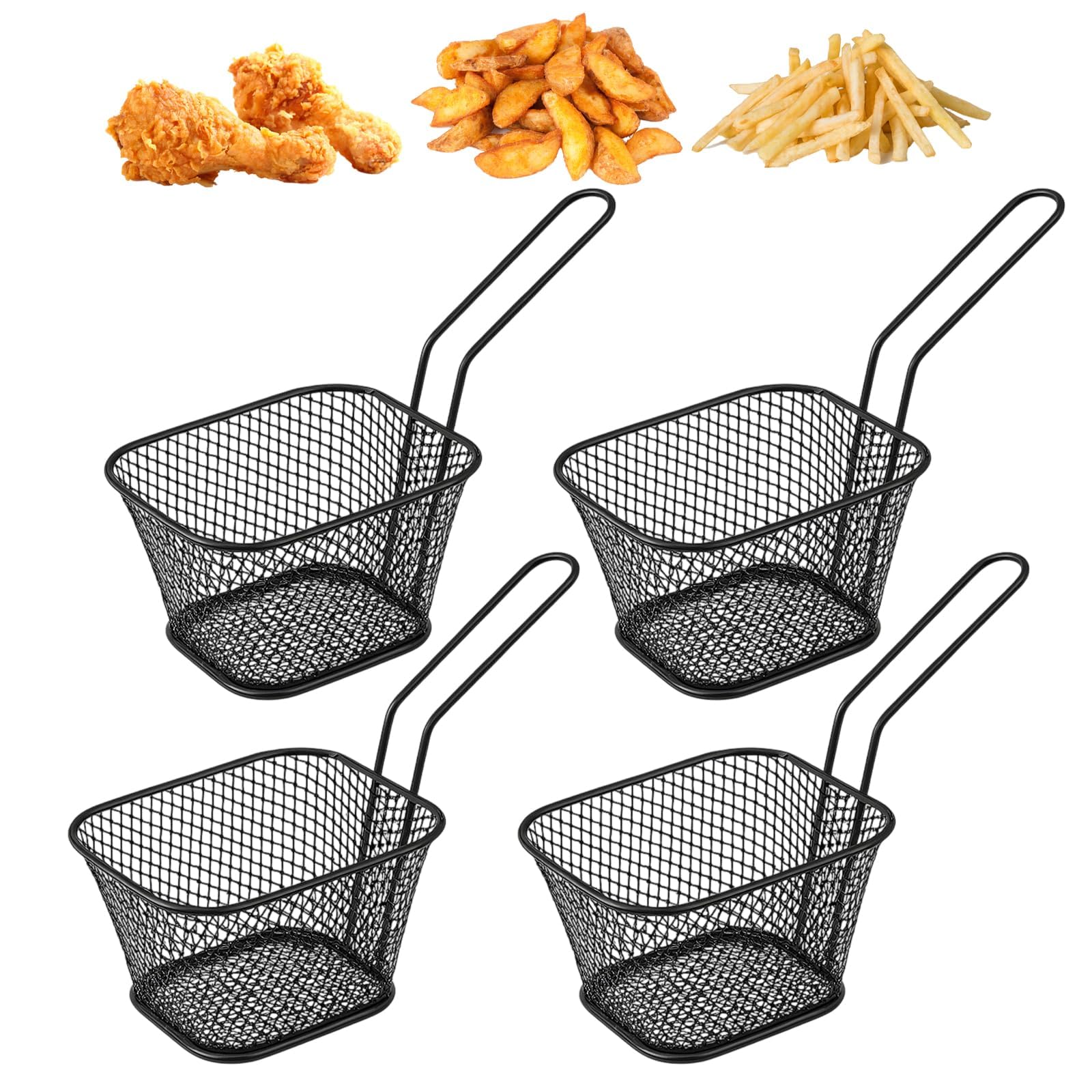 4 cestini per patatine, in acciaio inox, colore nero, ideali per friggere e servire patatine fritte e snack, durevoli e versatili