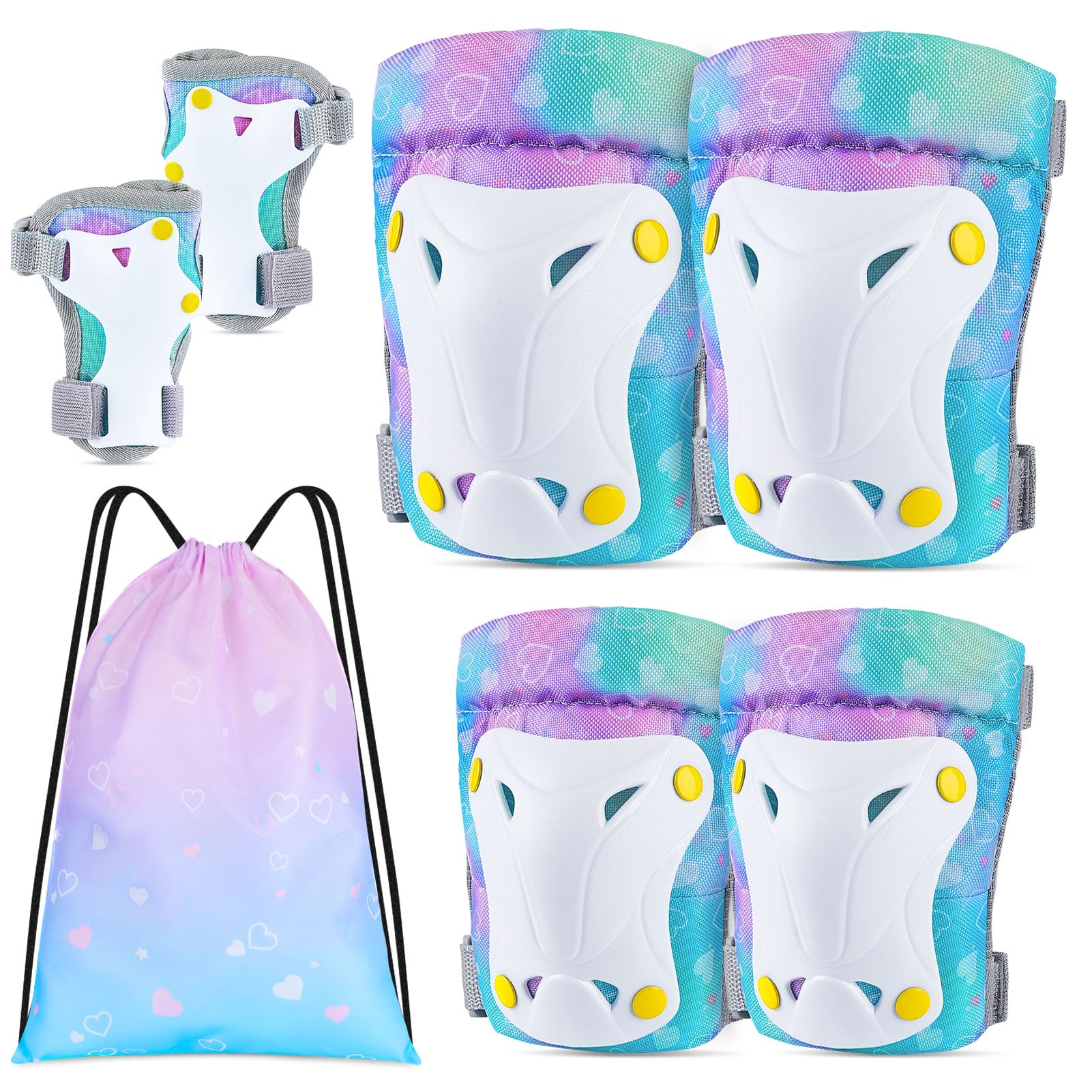 Unicorn Castle Rodilleras y Coderas de Unicornio para niños y niñas, Juego de Equipo de protección Ajustable 6 en 1 con Bolsa de cordón, 3-8 años