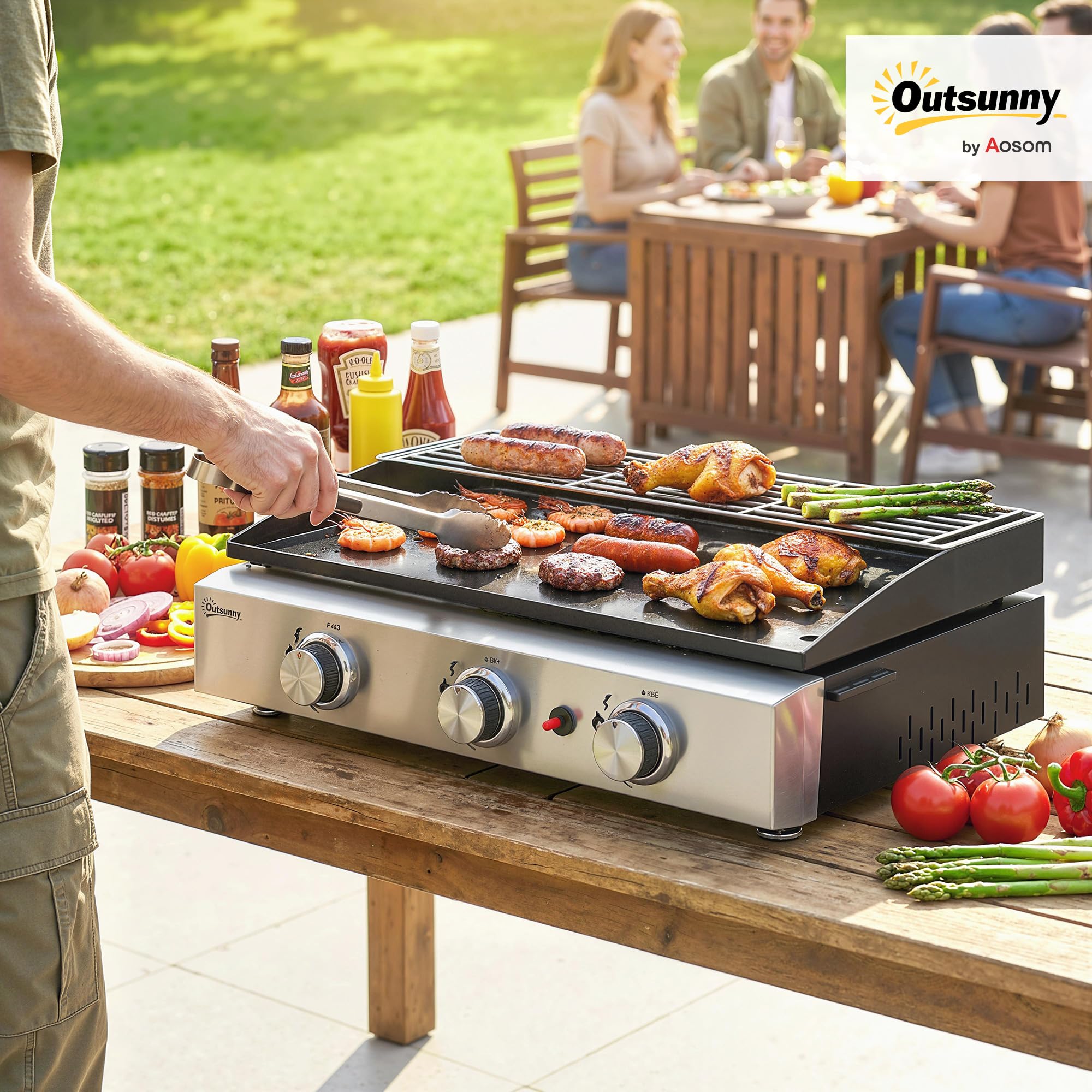 Outsunny Piastra a gas con 3 bruciatori in acciaio inox, 7,5 kW, barbecue a gas con piastra smaltata, resistente al calore e facile da pulire, barbecue da tavolo con griglia di riscaldamento, nero