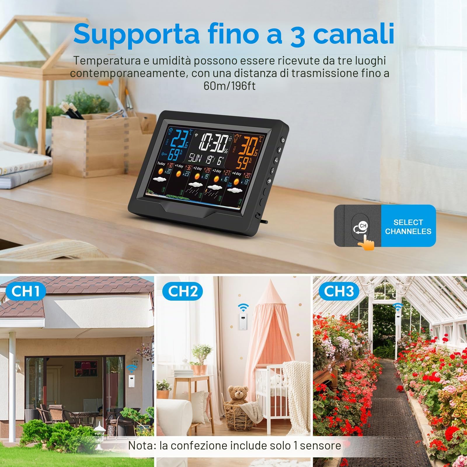 Stazione Meteo con Sensore Esterno Interno, Smart WiFi Stazione Meteorologica Display a Colori con Temperatura, Umidità, Tempo Data, Sveglia, Previsioni del Tempo, Allarme Temperatura Massima/Minima