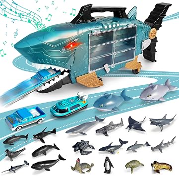 Shark Truck Toy Carrier Car with Sound and Light, Includes 18 Sea Creatures Figures and Mini Car, Storage and Portable Car Set, Educational Toy for 3 4 Years Old Boys Birthday Christmas Gift