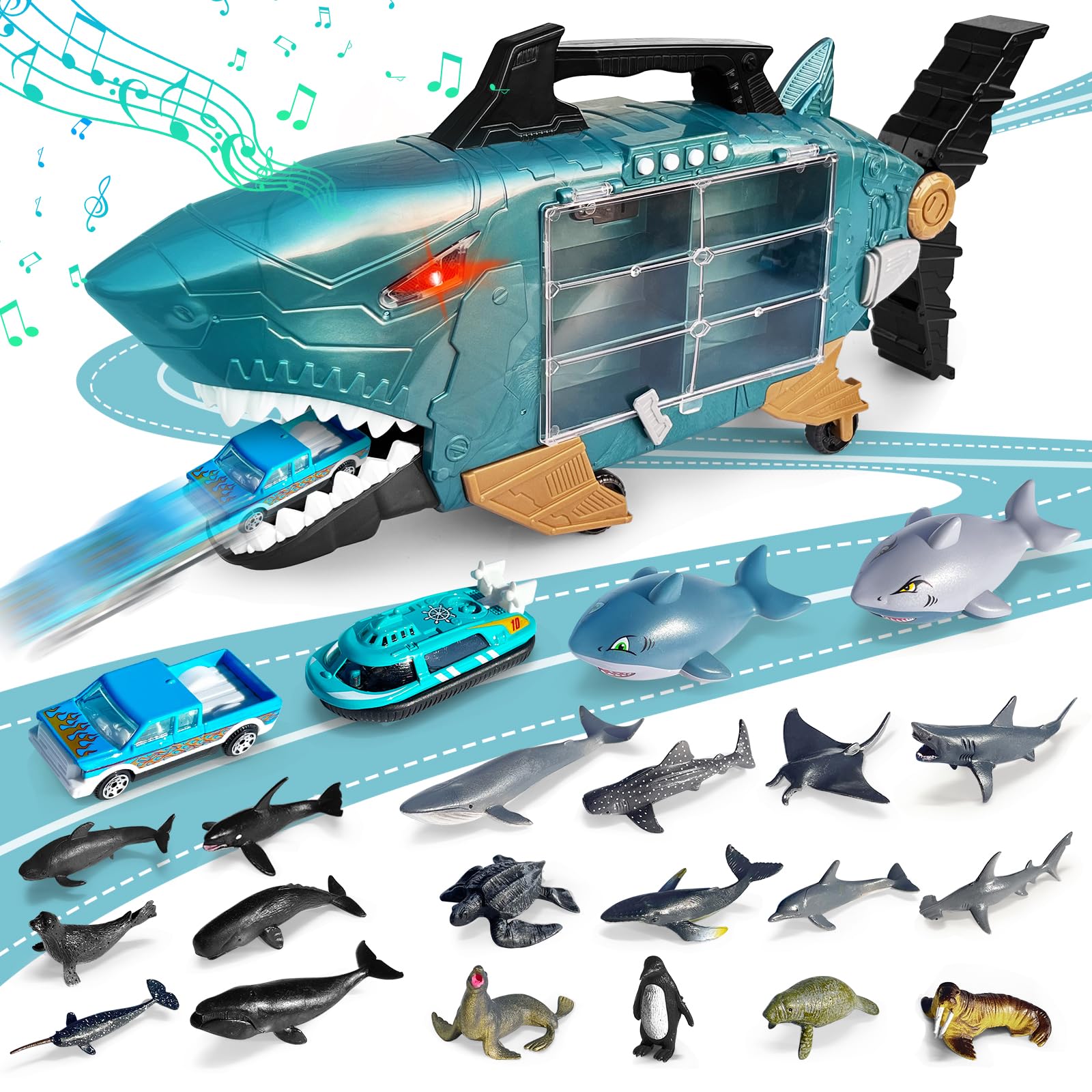 音と光で遊べる サメのトラック おもちゃ キャリアカー 18個の海の生き物フィギュアとミニカー付き 収納・持ち運びができる 車のセット 知育玩具 3歳 4歳 男の子 誕生日 クリスマス プレゼント