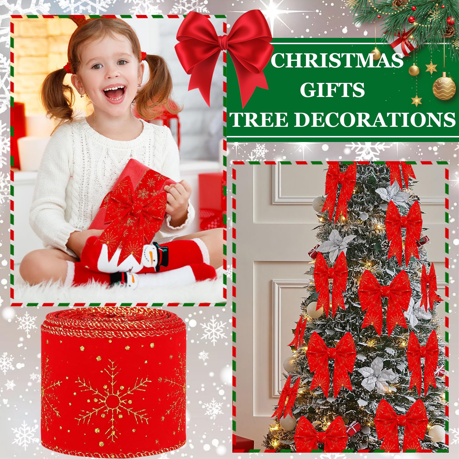 Christmas Ribbon, Christmas Decorations, 9.1m Soft Velvet Ribbons 63mm Xmas Tree Ribbon for Xmas Crafts Gift Wrapping, Wreath - Image 4