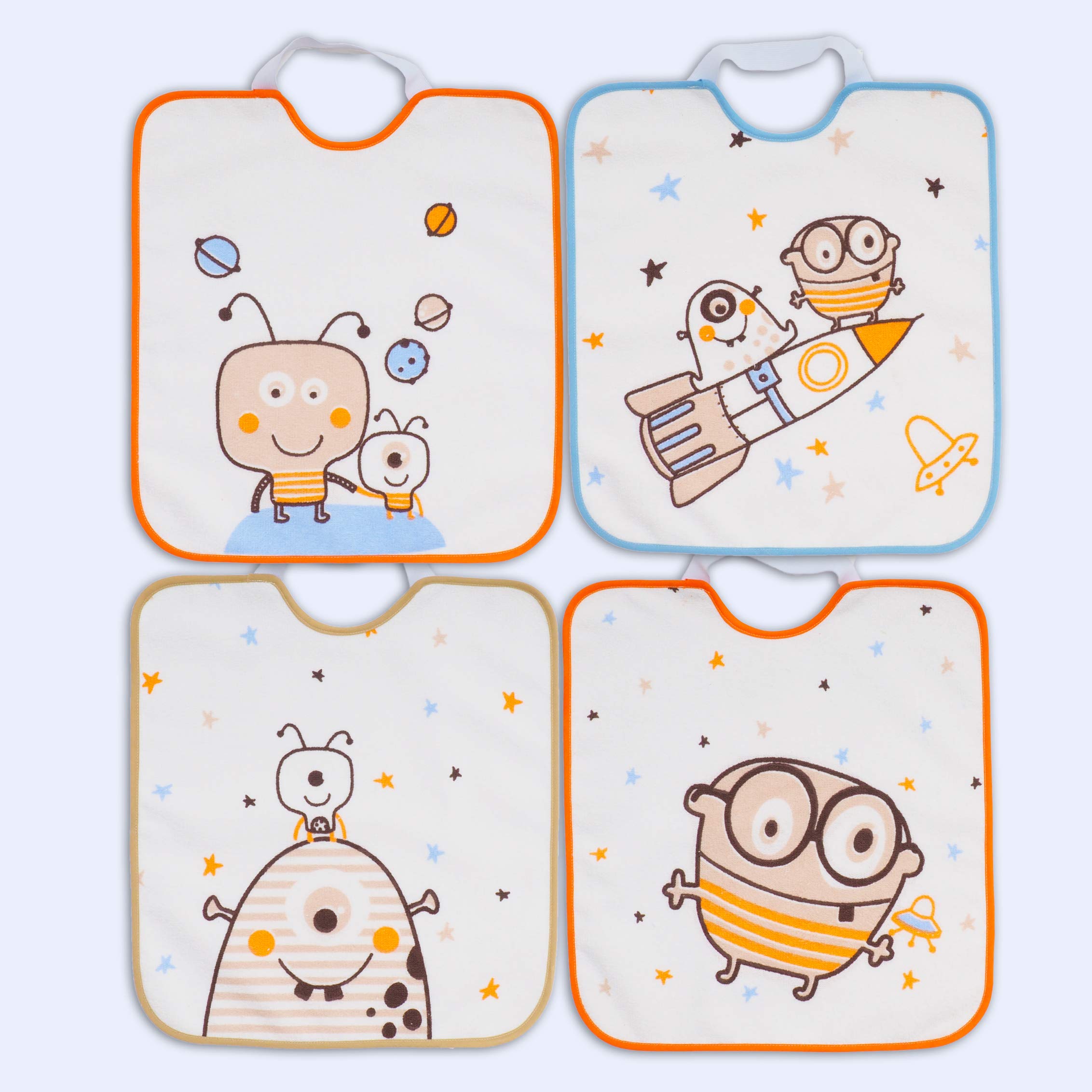Ti TIN |4er Pack- wasserdichte frottee Babylätzchen, 33x36 cm | Lätzchen mit elatischem Verschluss für Babys ab 1 Jahr, Baumwolle und Vinylfutter, verschiedene Motive