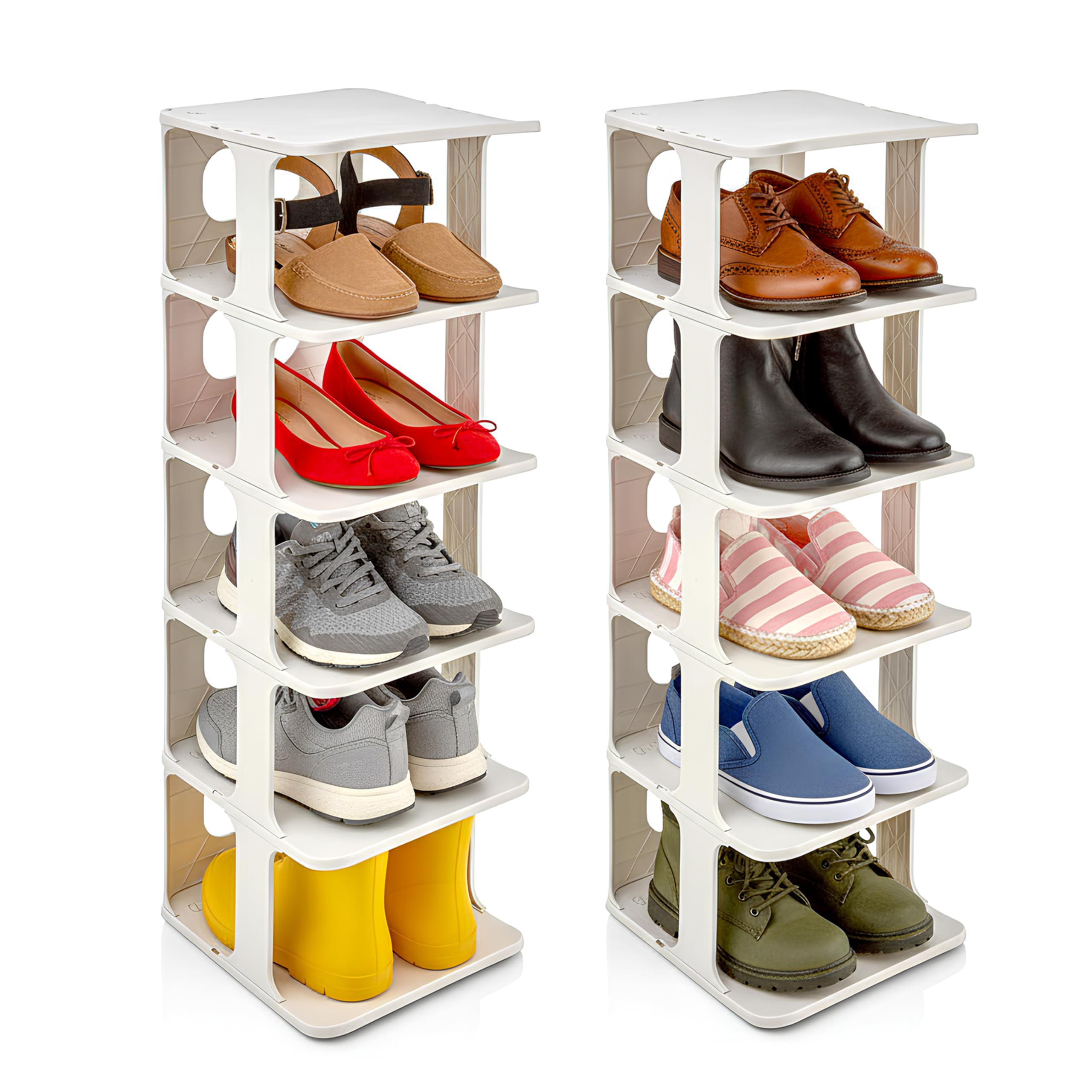 DIVCHI Shoe Rack 5 Tier Vertical– Narrow Tall Plastic Shoe Storage Stand, Space Saving Shoe Shelves Organiser for Entryway, Hallway, Bedroom & Living Room (Pack of 2, White)