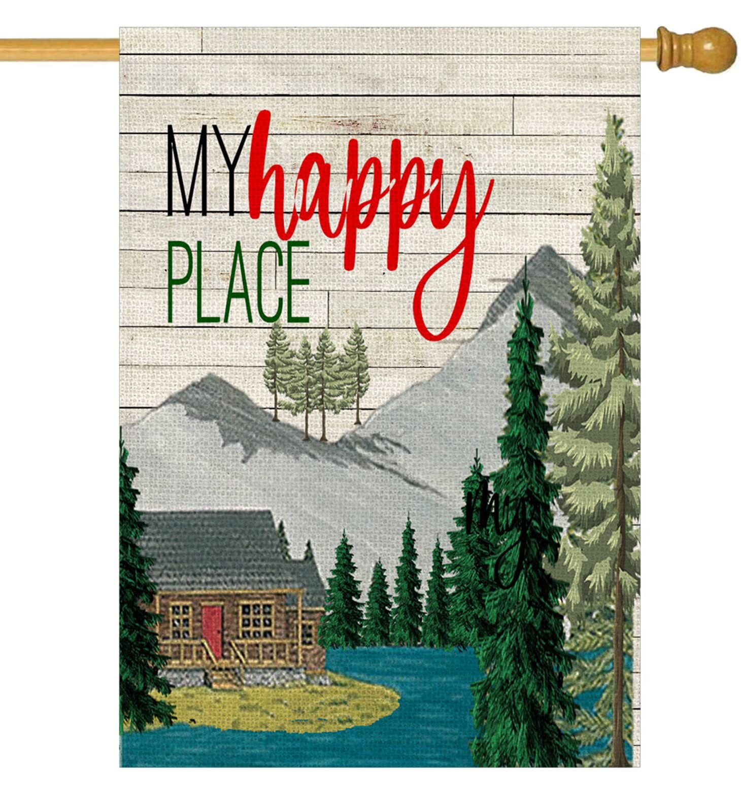 Xihomeli Camper Decorative My Happy Place Quotes House Flag Outdoor Double Sided 28x40 Inch Outside Wood Mountain Forest Tree Decoration Camping Trailer RV Yard Sign Banner (Happy Place 28x40)