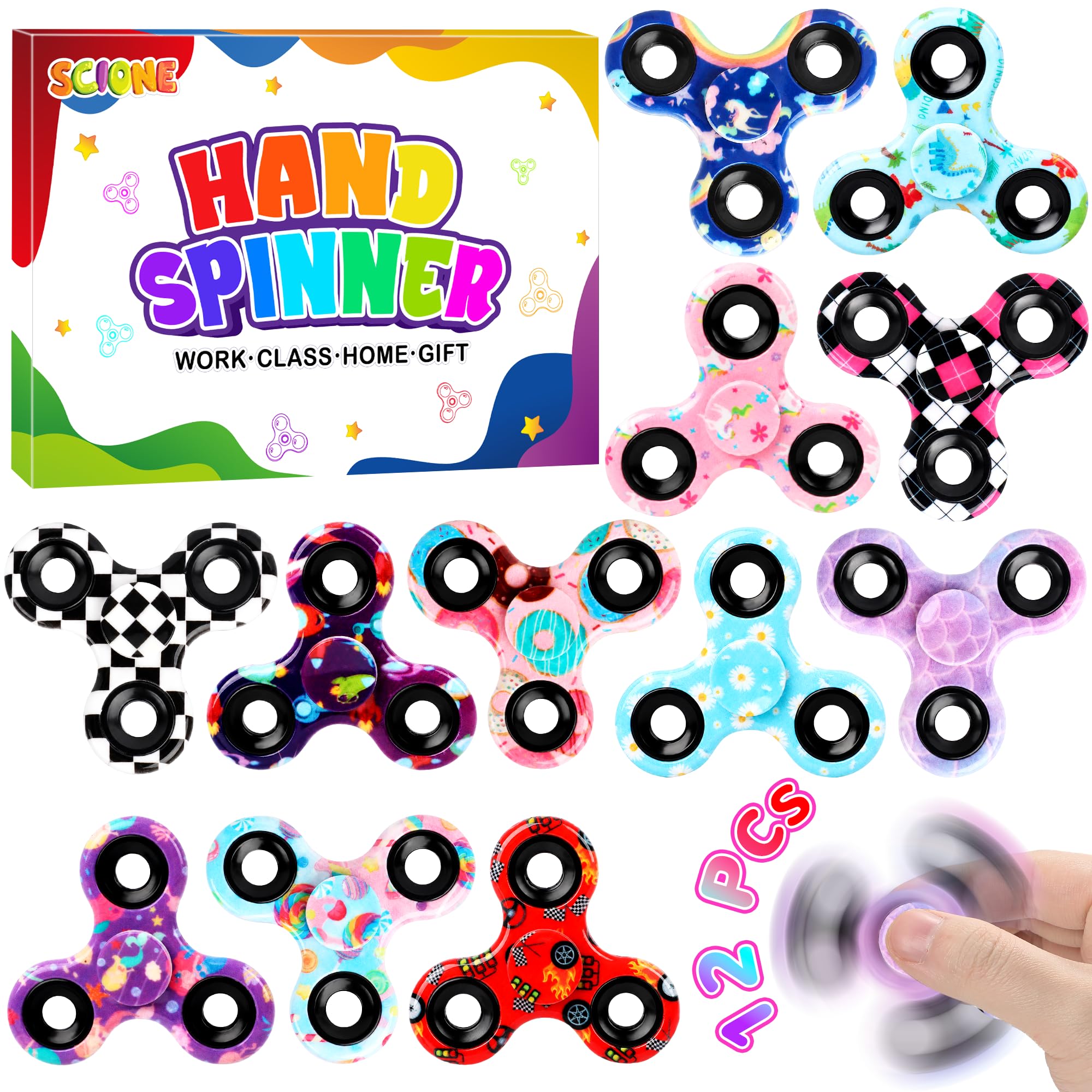 SCIONE 12 Pack Fidget Spinners, Colorful Party Bag Fillers for Kids, High Speed Fidget Toys, Sensory Toys for Autism & ADHD, Bulk Stocking Fillers, Gifts for Boys Girls(2.48 Inch/6.3 cm)