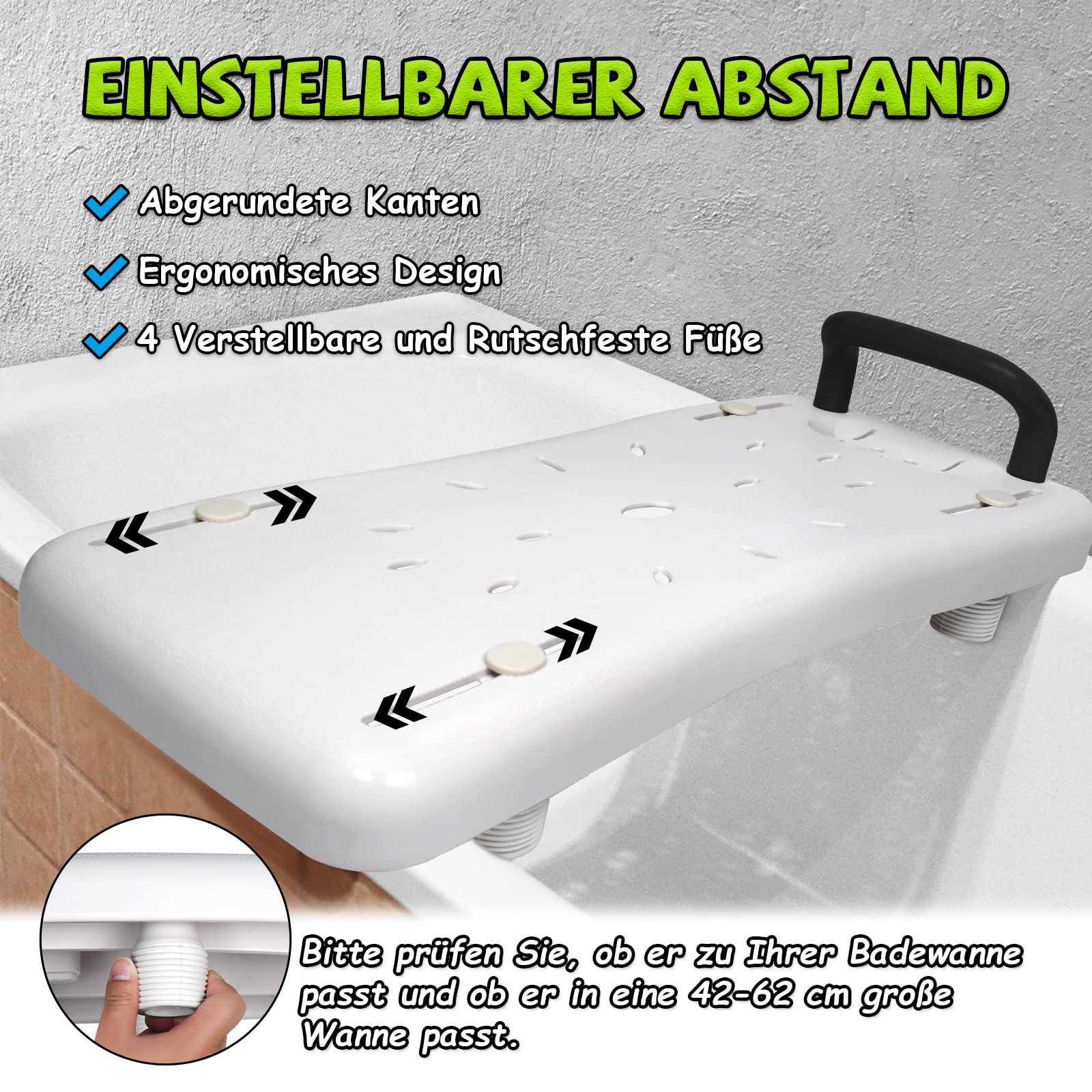 Froadp 70x31x5cm Badewannensitz mit Schwarz Griff Badewannenbrett zum Sitzen aus PP Wannensitz Badewanne Sitzbrett für Erwachsene Senioren Schwangere 41-63cm Einstellbarer Abstand