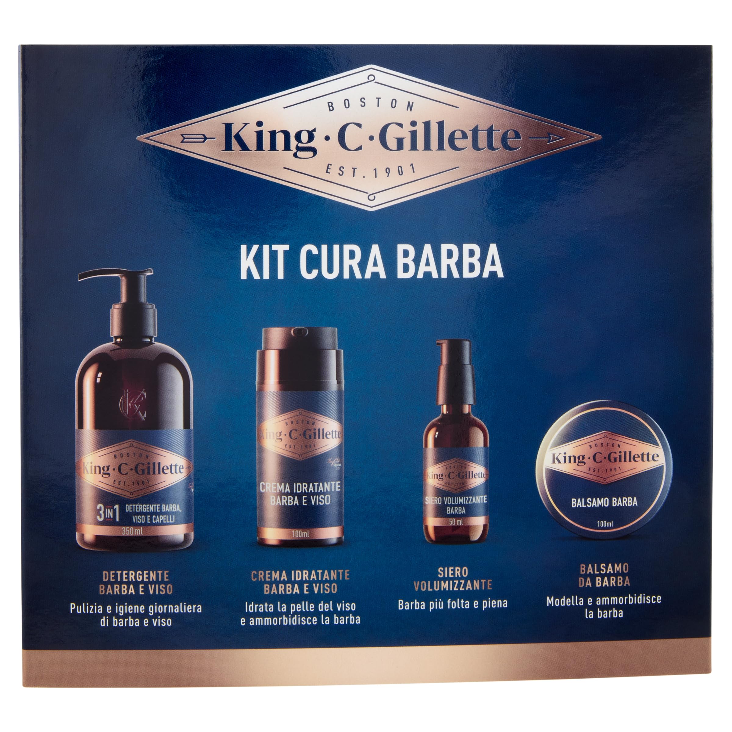 King C. Gillette Kit de cuidado de barba para hombre, perfumada cada día, limpiador 3 en 1 para barba y rostro de 350 ml, bálsamo de 100 ml, suero voluminizador de 50 ml y crema hidratante de 100 ml