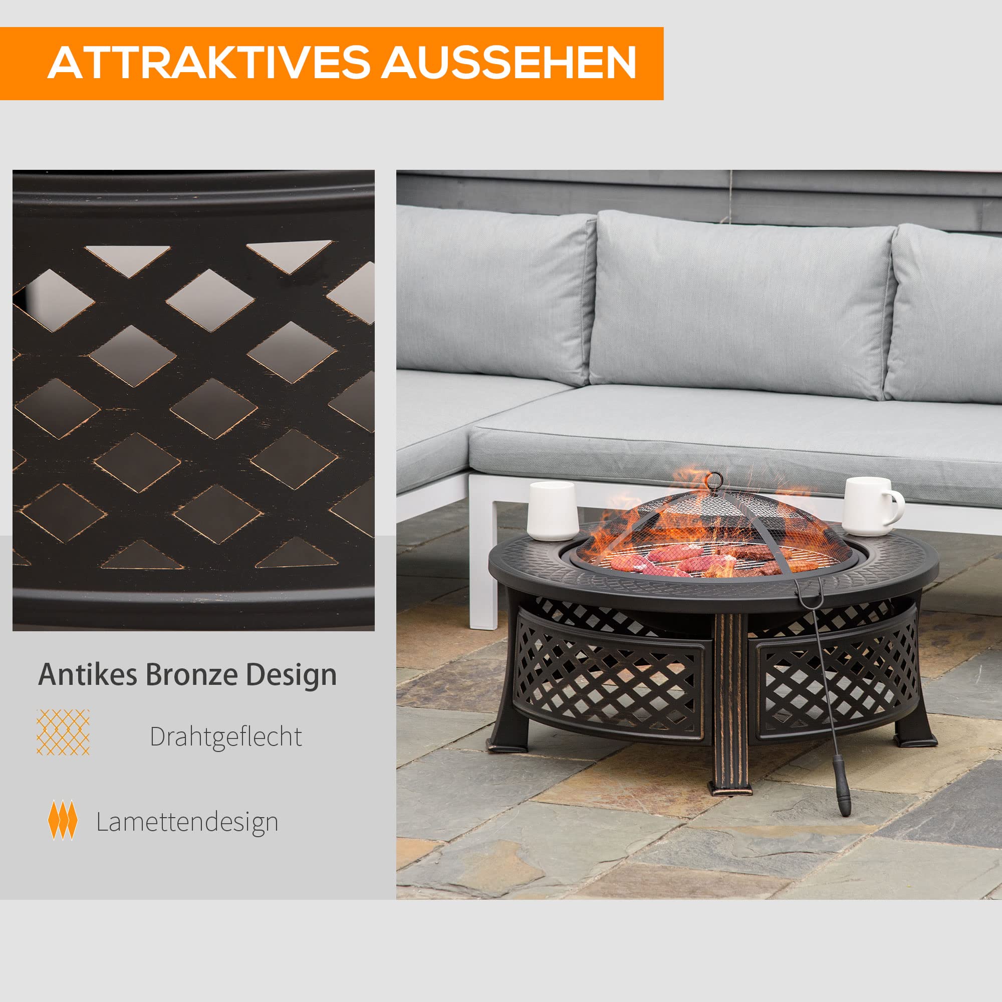 Outsunny Feuerschale mit Schürhaken Funkenschutz 81 x 81 x 50 cm Schwarz | Feuerkorb, Feuertisch, Runde Feuerstelle, für Garten Camping BBQ, Stahl