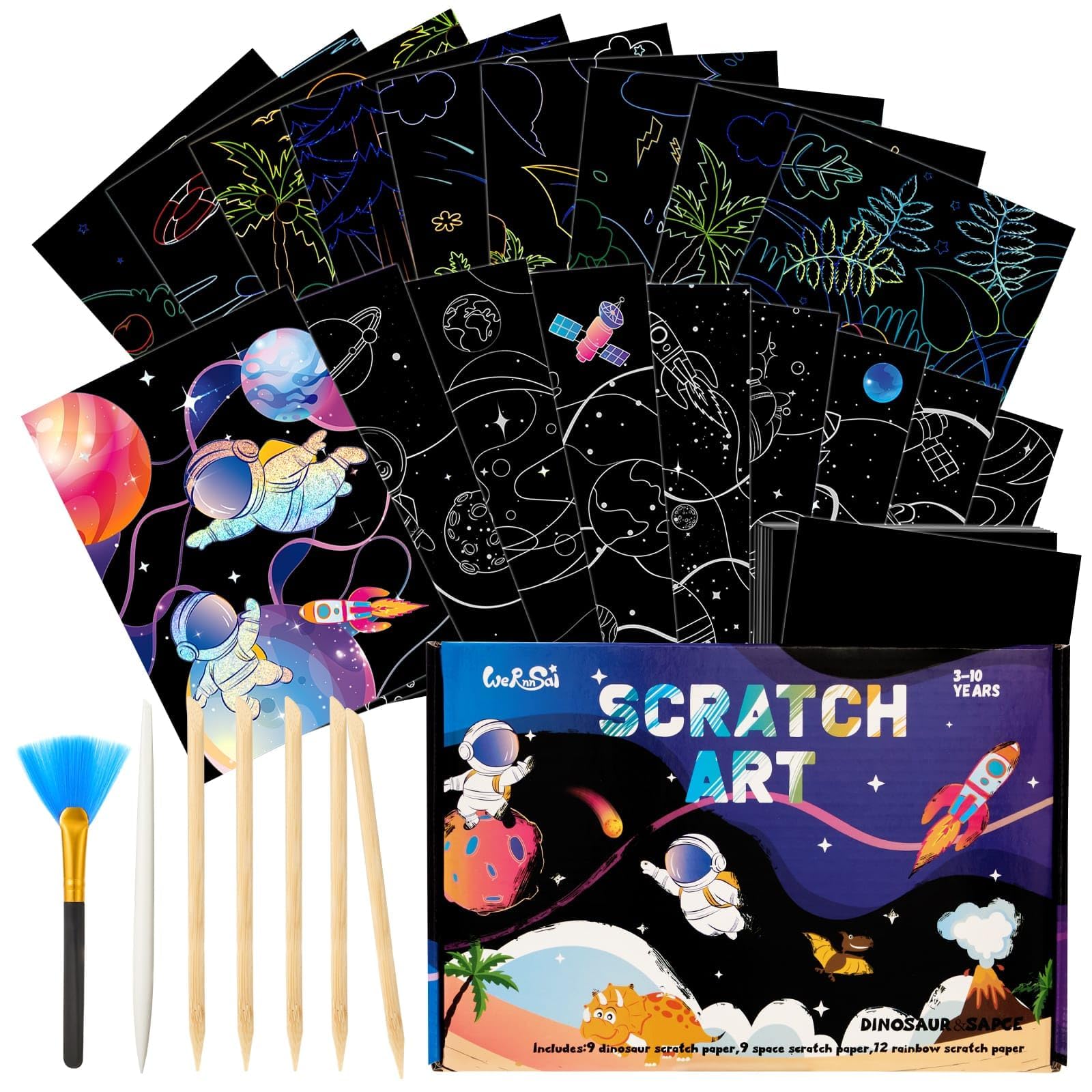 WERNNSAI Dinosaur Scratch Art Kit - 30 Pcs Magic Dinosaur Space Scratch Off Paper Art Supplies Colorful Drawing Art Craft with Wooden Stylus Party Birthday Christmas Party Gift