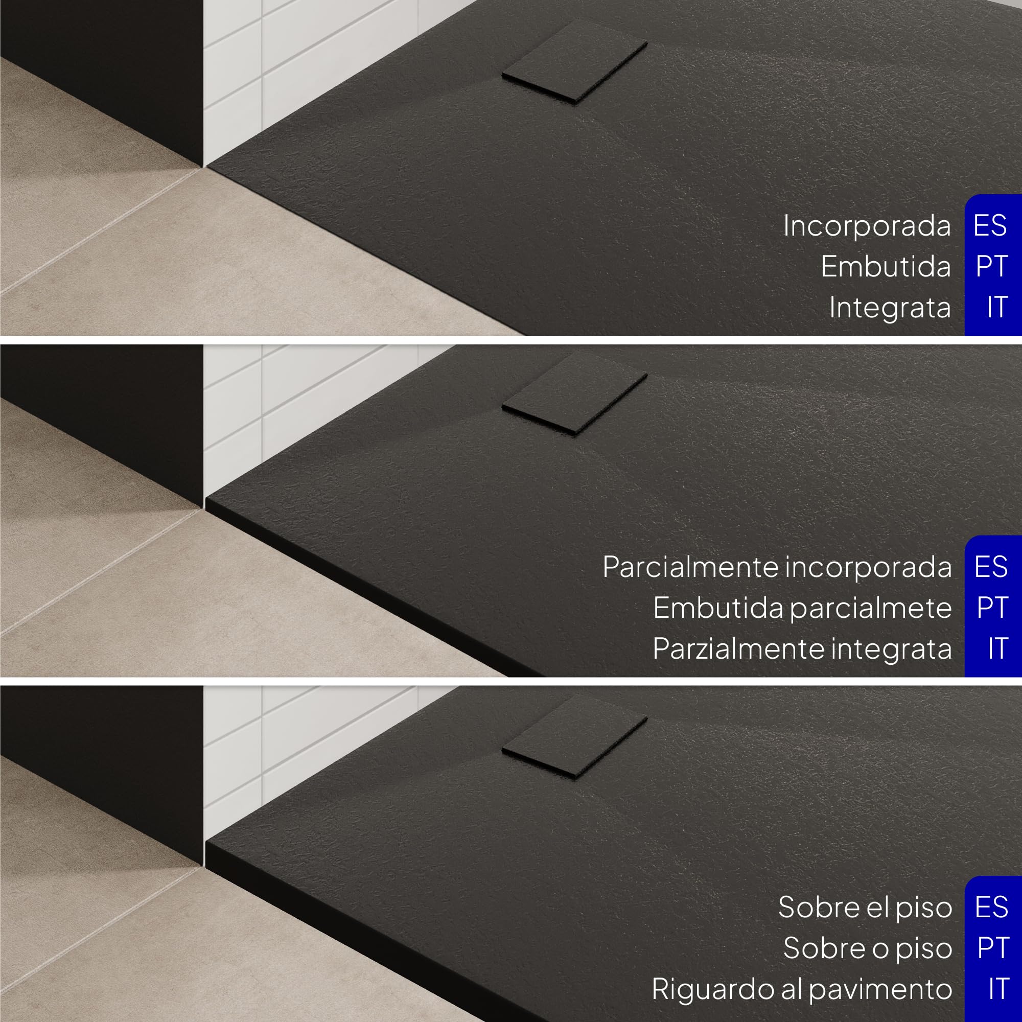 Plato de Ducha BOREAL 100x140 cm (rectangular) Negro RAL 7021 - Resina SMC Extraplano 26 mm, Antideslizante, Textura Pizarra, Fácil de Limpiar, Incluye Válvula + Rejilla