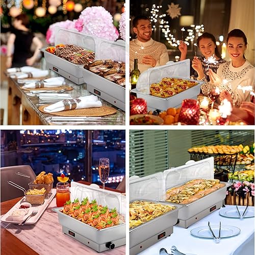 Miniatura 2 de ROVSUN Paquete de 3 platos de cocina eléctricos de acero inoxidable de 9 cuartos de galón, calentador de alimentos con tapa enrollable para catering