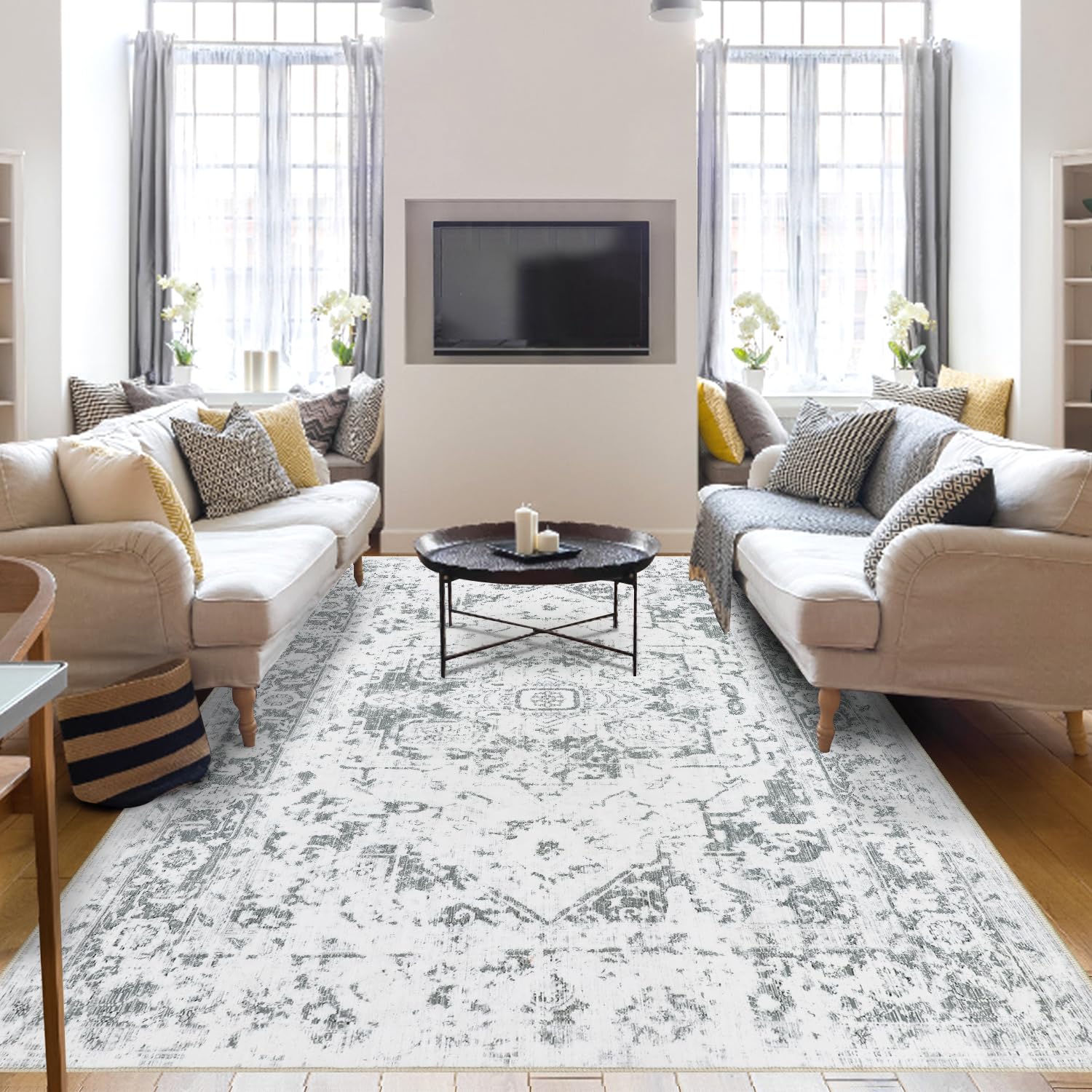 Famibay Rugs Living Room Large 200x290cm Grey Washable Area Rugs for Bedroom Vintage Non Slip Carpet Rug Short Pile Floor Carpet for Living Room Bedroom Dining Room Office — image 1